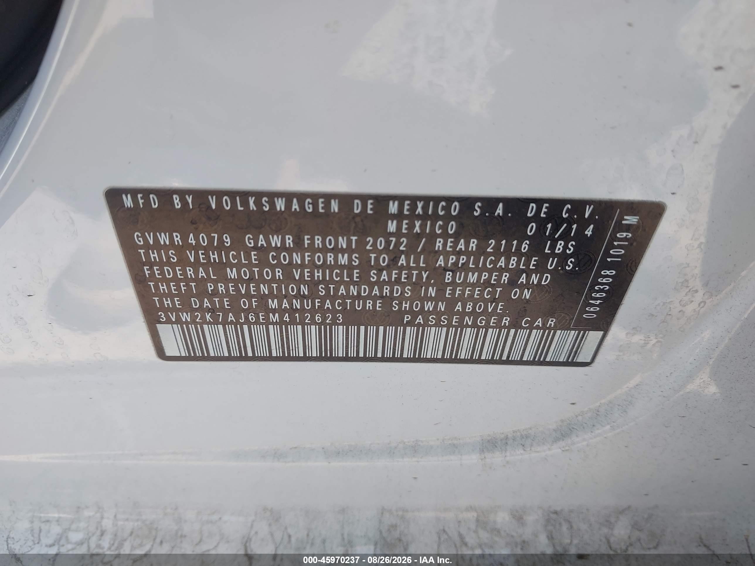 2014 Volkswagen Jetta 2.0l S Белый vin: 3VW2K7AJ6EM412623