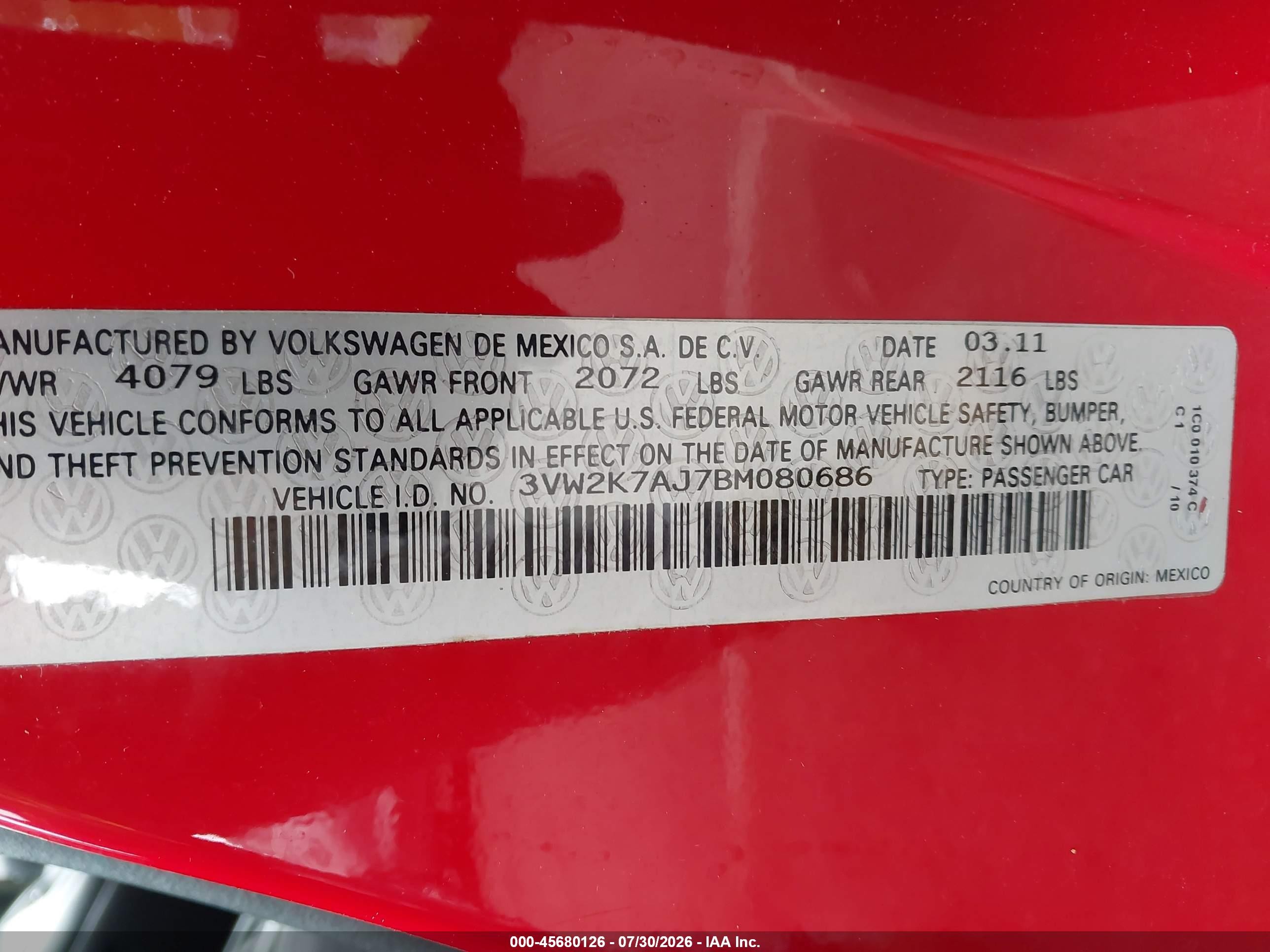 2011 Volkswagen Jetta 2.0l S Red vin: 3VW2K7AJ7BM080686