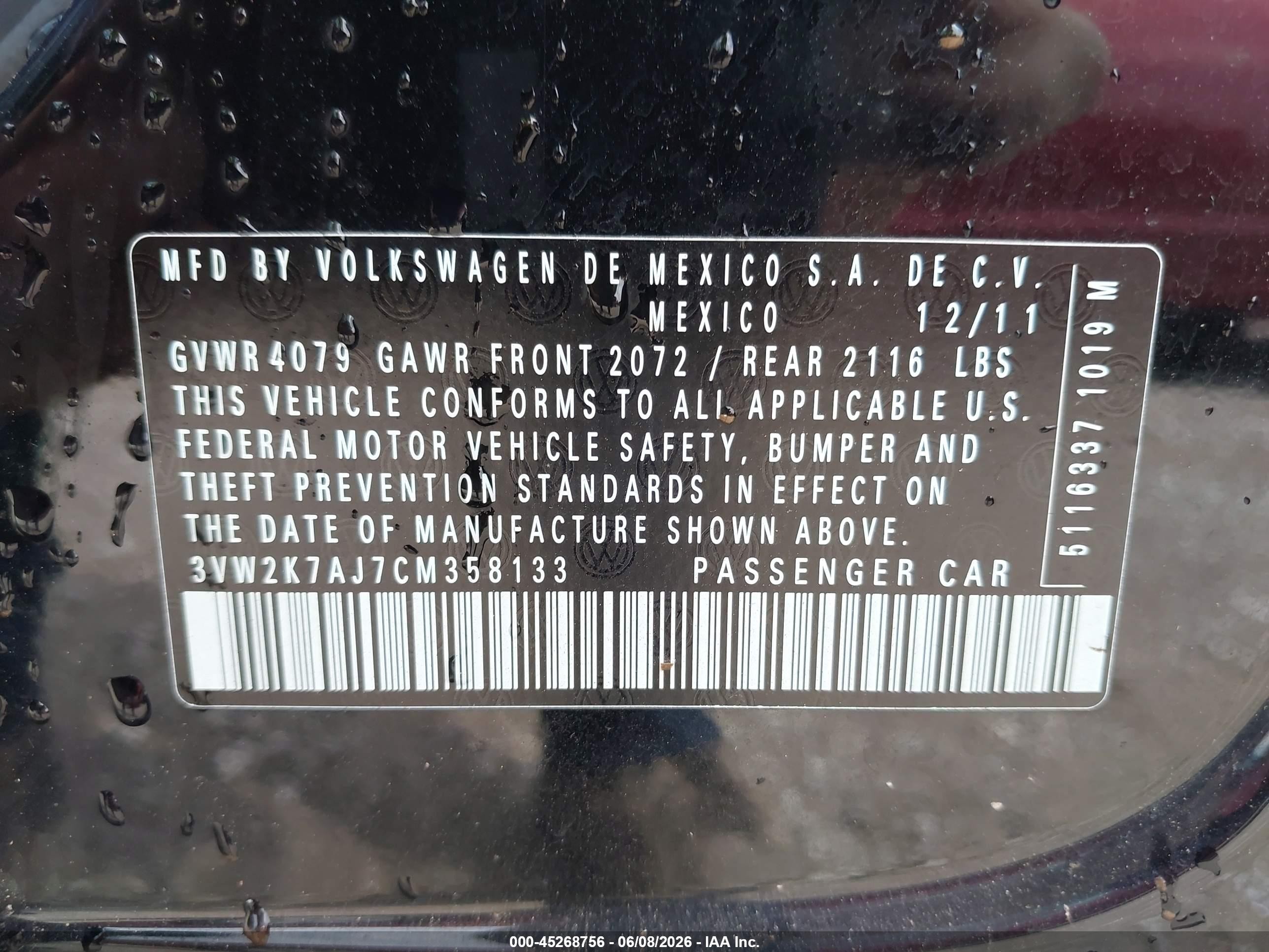 2012 Volkswagen Jetta 2.0l S Черный vin: 3VW2K7AJ7CM358133