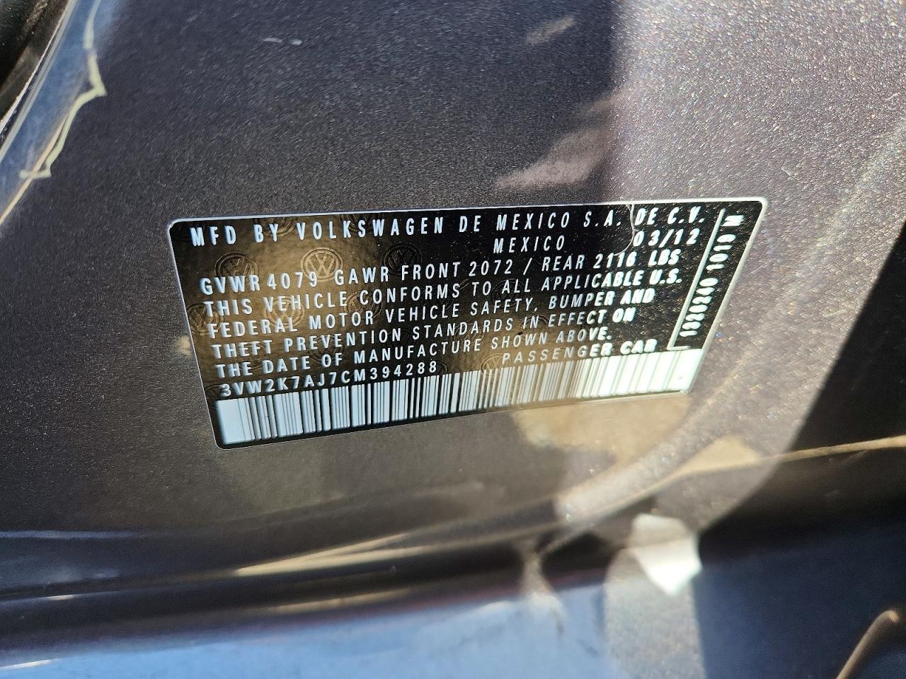 2012 Volkswagen Jetta Base Gray vin: 3VW2K7AJ7CM394288