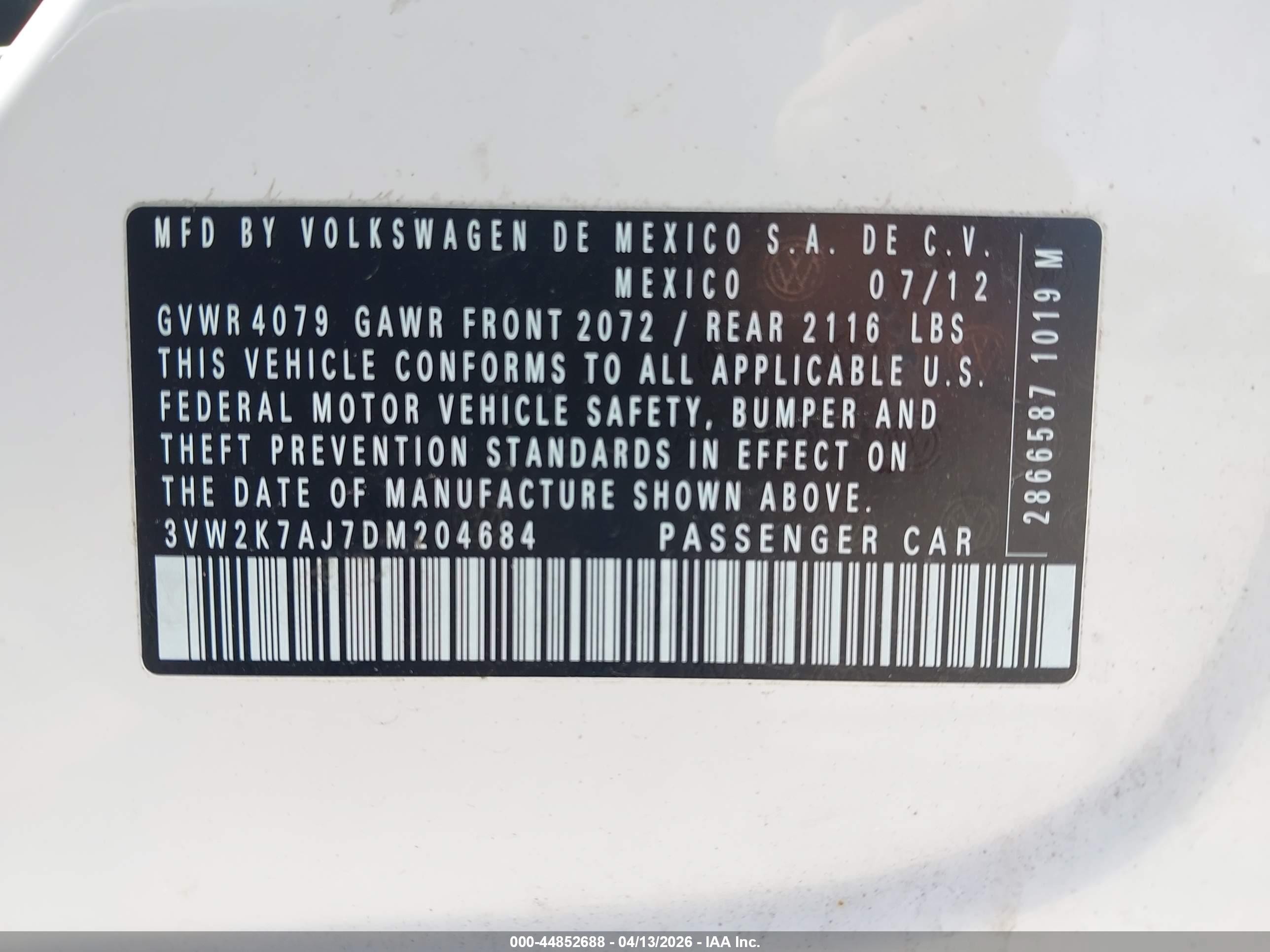 2013 Volkswagen Jetta 2.0l S White vin: 3VW2K7AJ7DM204684