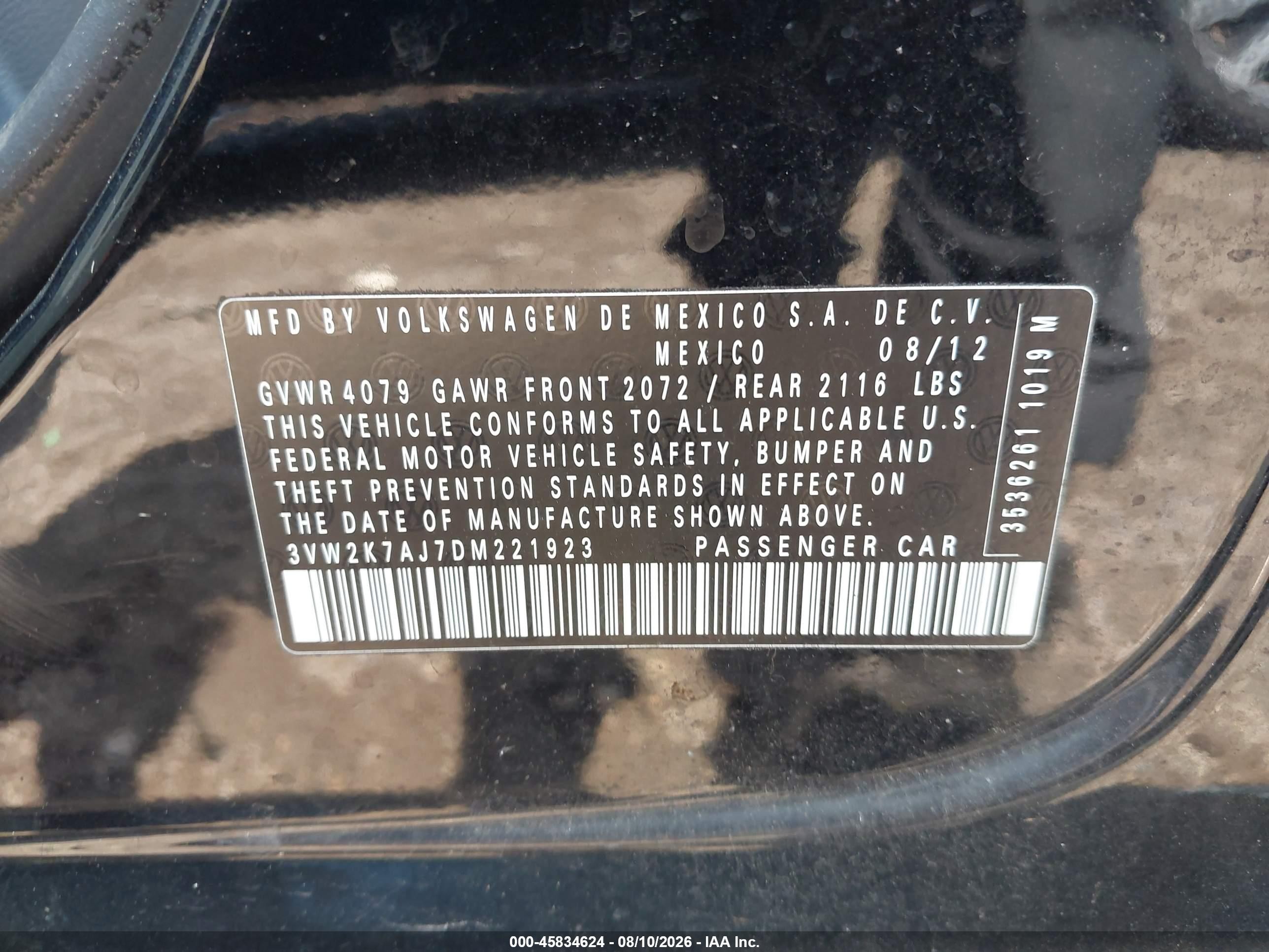 2013 Volkswagen Jetta 2.0l S Black vin: 3VW2K7AJ7DM221923