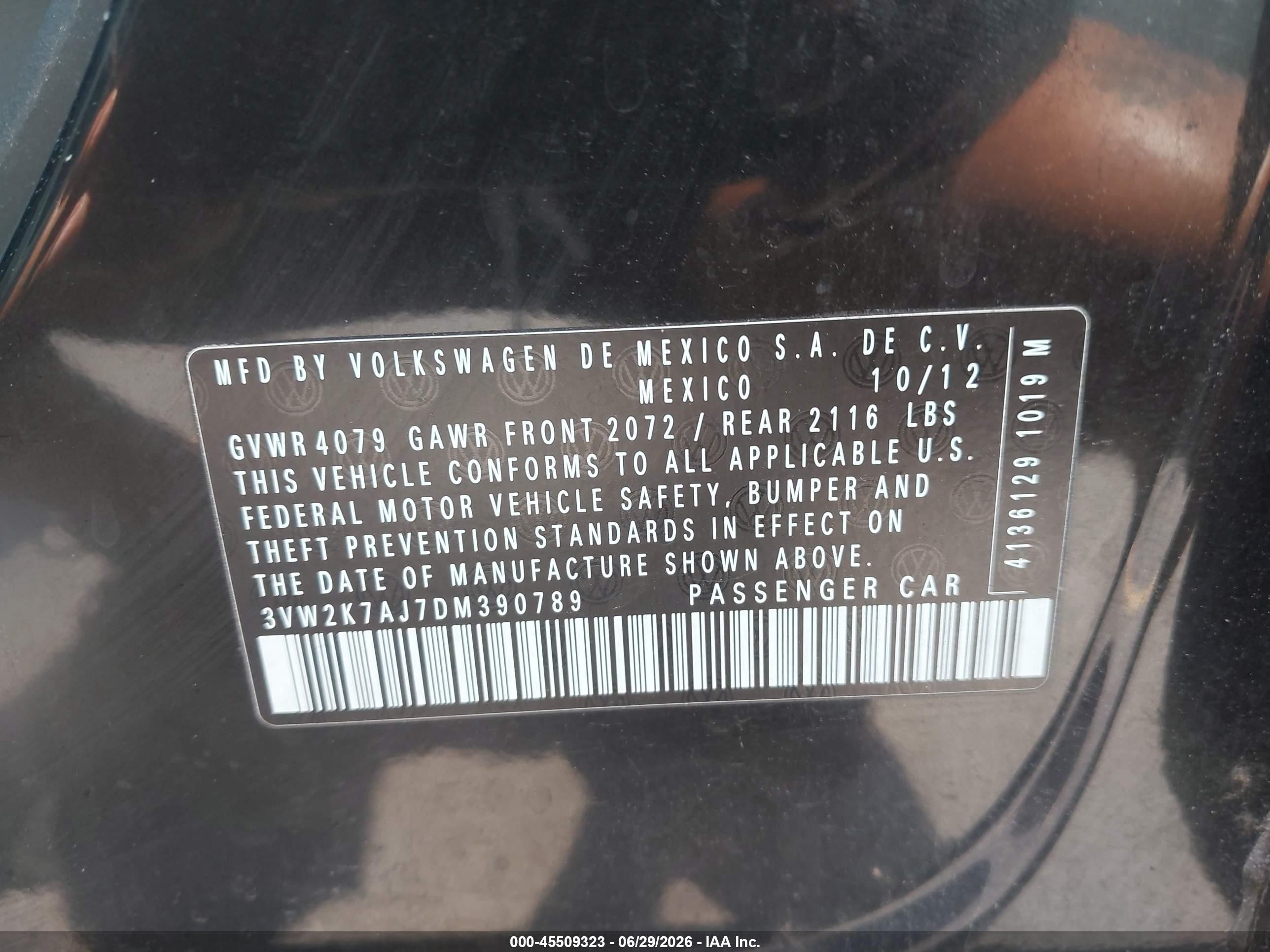 2013 Volkswagen Jetta 2.0l S Black vin: 3VW2K7AJ7DM390789