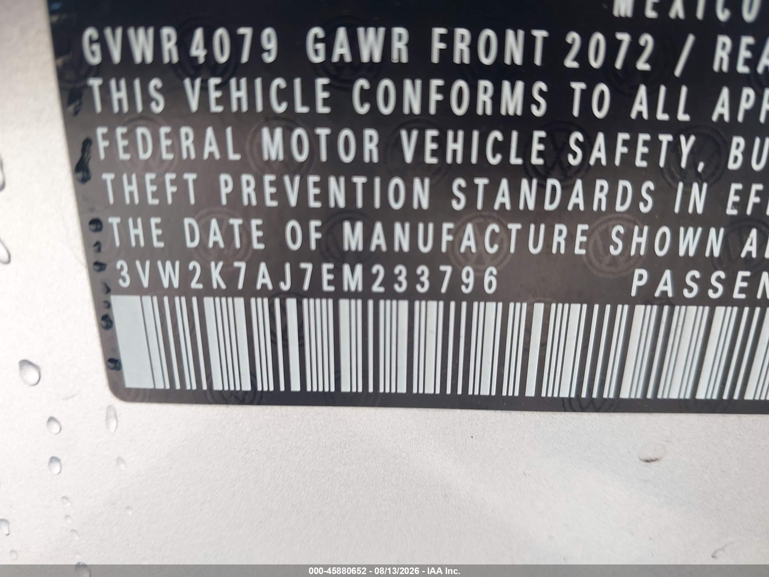 2014 Volkswagen Jetta 2.0l S Gray vin: 3VW2K7AJ7EM233796