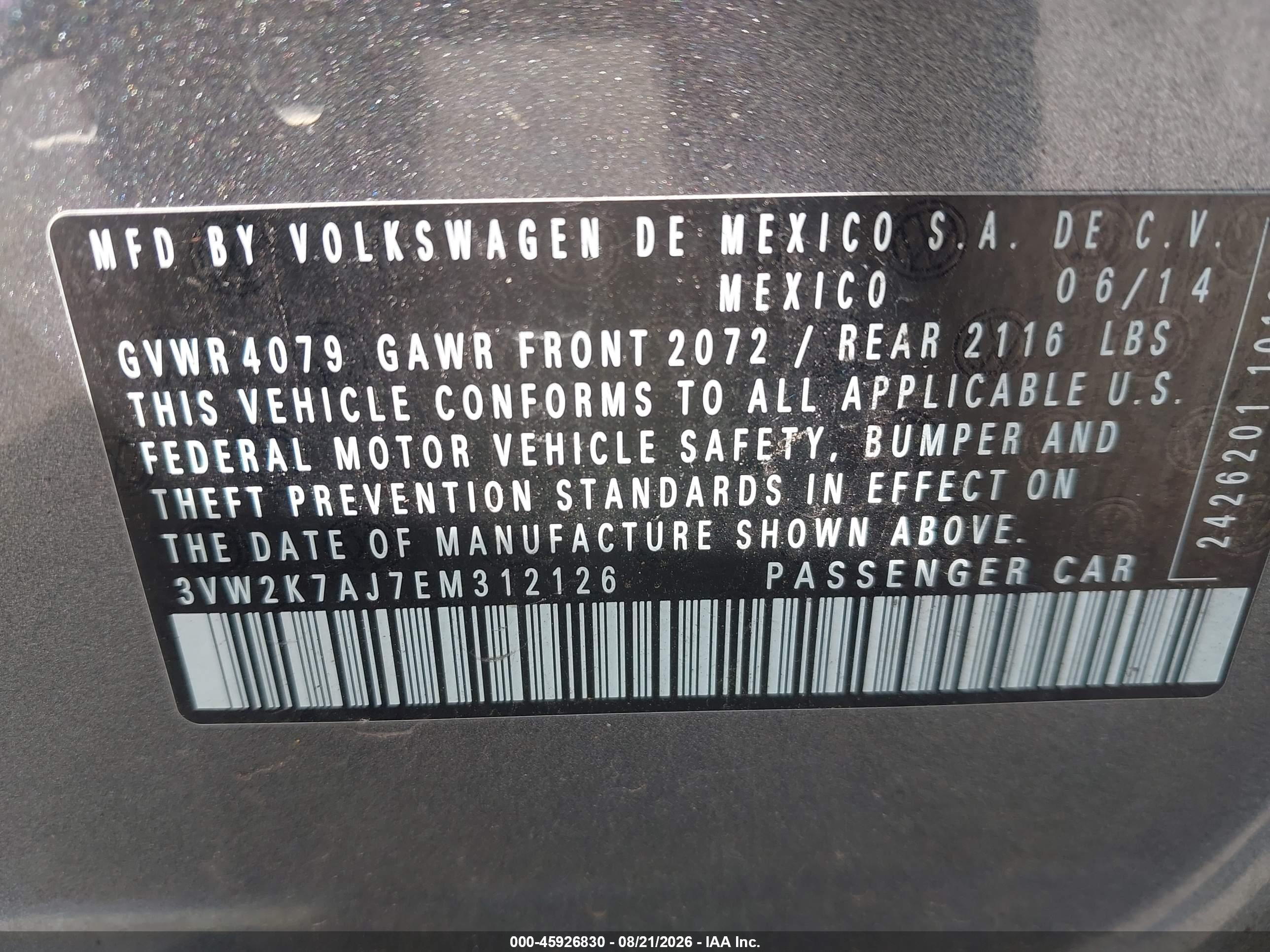 2014 Volkswagen Jetta 2.0l S Gray vin: 3VW2K7AJ7EM312126