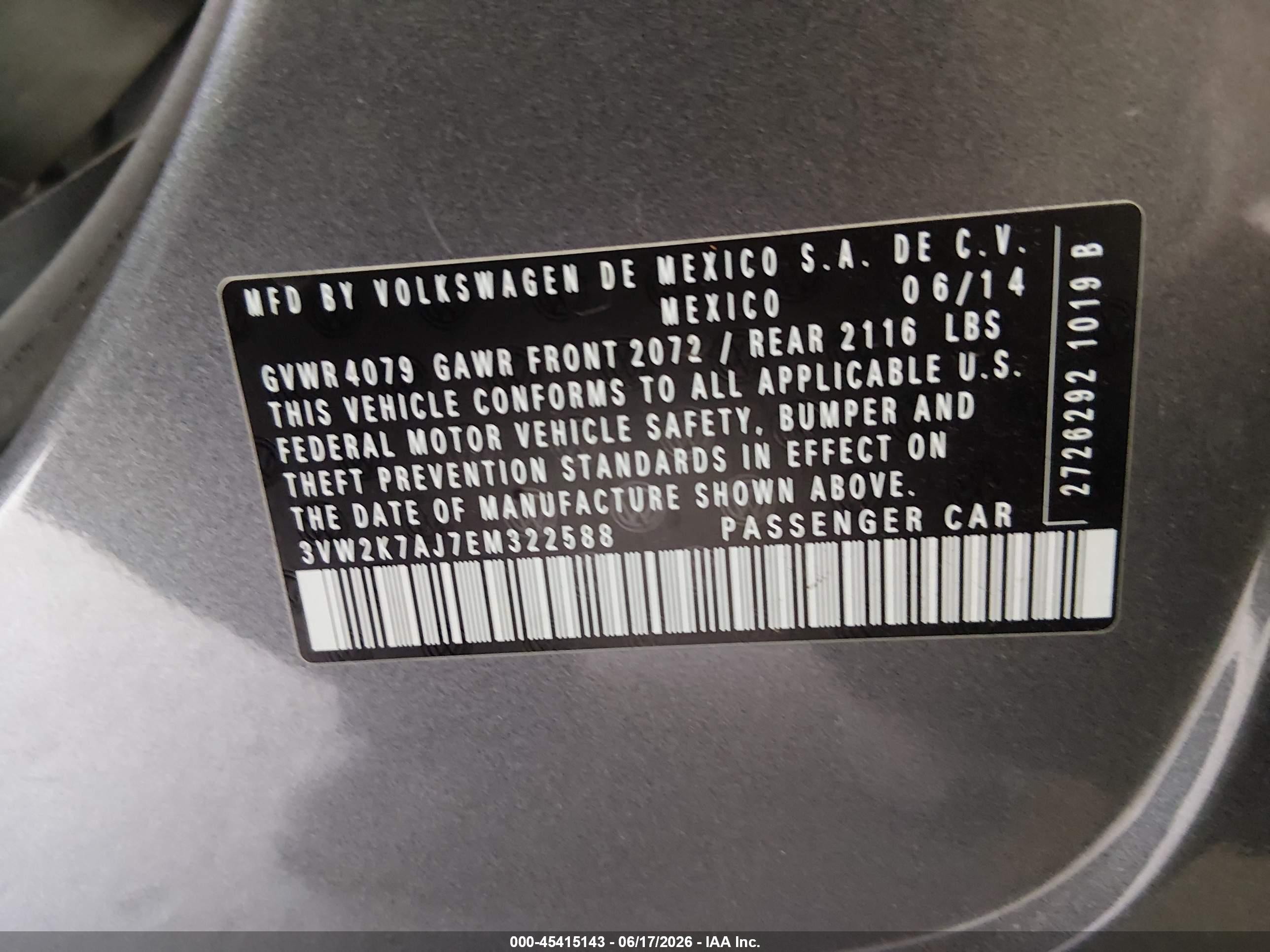 2014 Volkswagen Jetta 2.0l S Gray vin: 3VW2K7AJ7EM322588