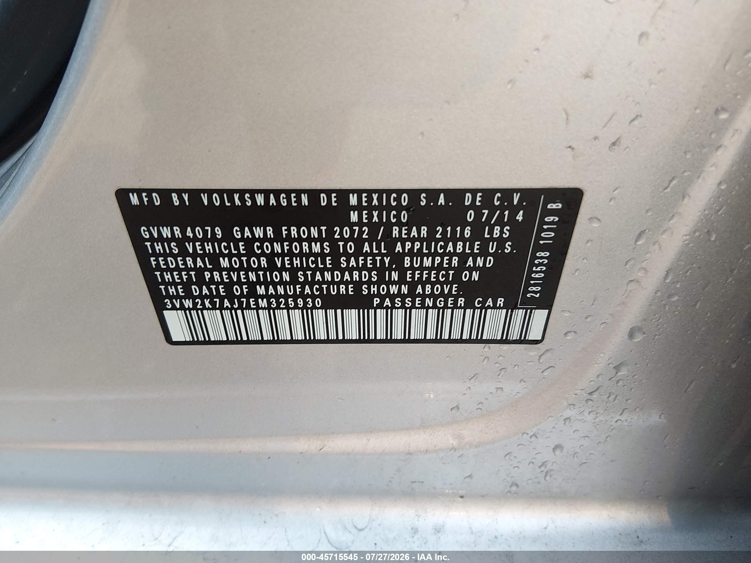 2014 Volkswagen Jetta 2.0l S Silver vin: 3VW2K7AJ7EM325930