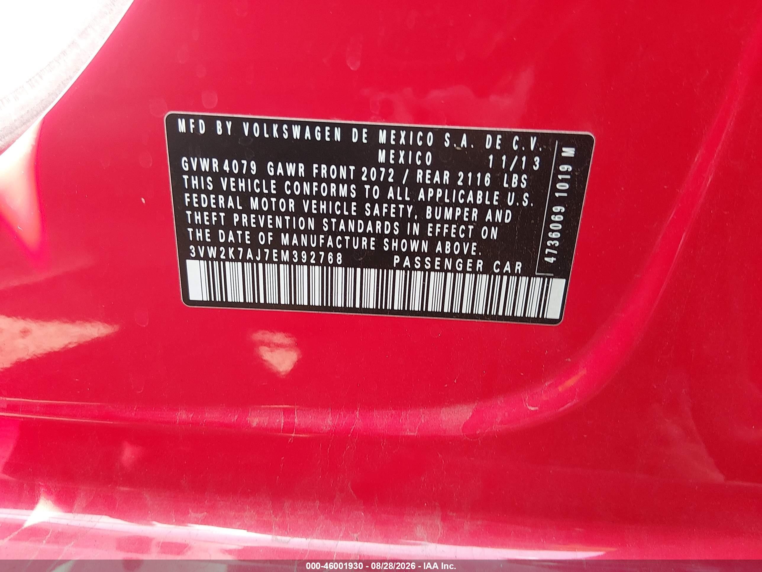 2014 Volkswagen Jetta 2.0l S Red vin: 3VW2K7AJ7EM392768