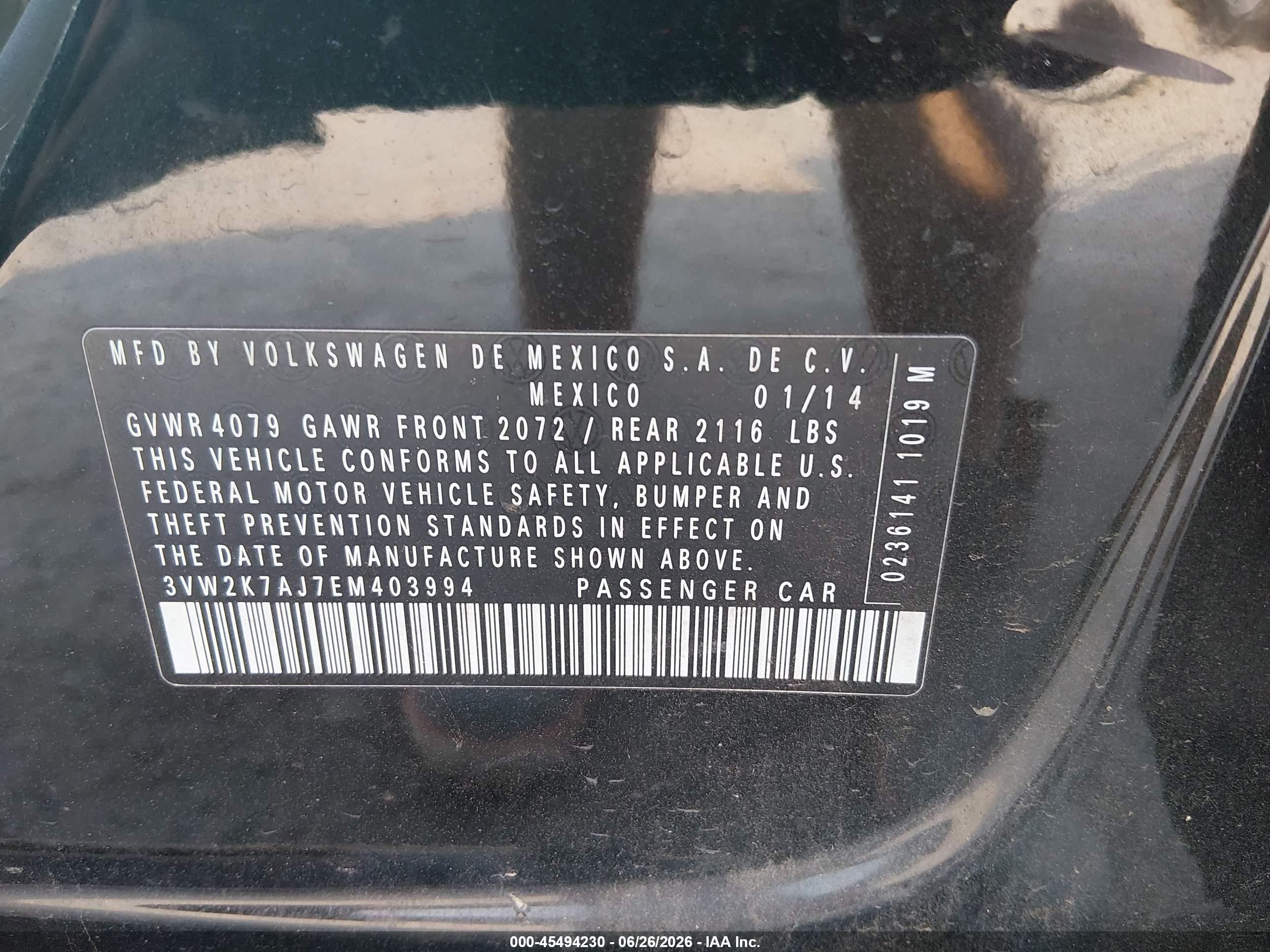 2014 Volkswagen Jetta 2.0l S Black vin: 3VW2K7AJ7EM403994