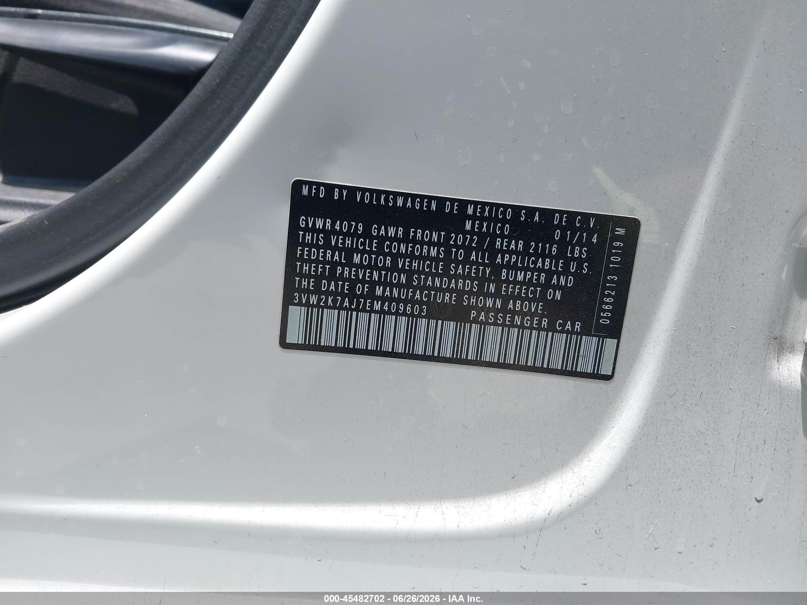 2014 Volkswagen Jetta 2.0l S White vin: 3VW2K7AJ7EM409603