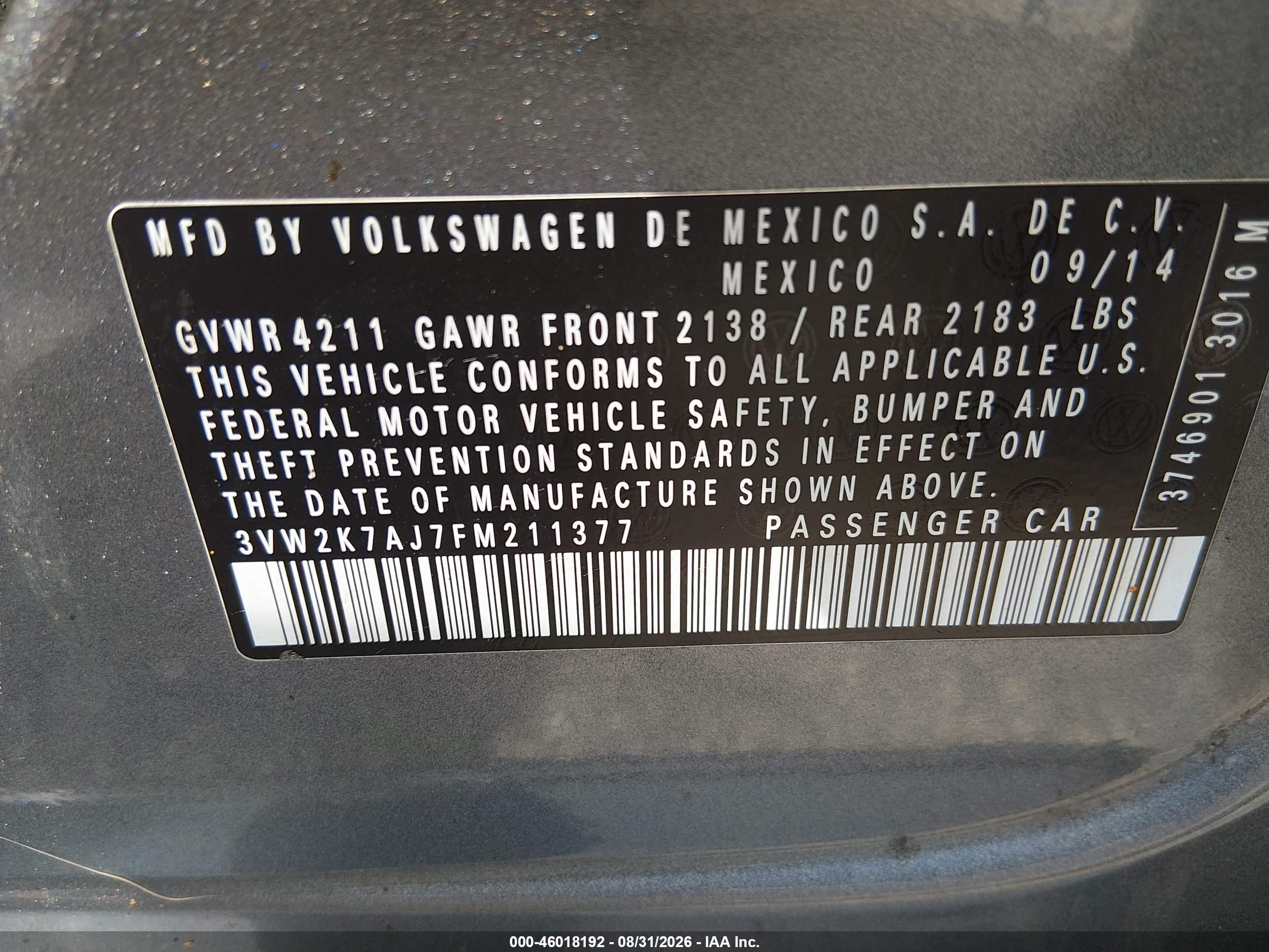 2015 Volkswagen Jetta 2.0l S Gray vin: 3VW2K7AJ7FM211377