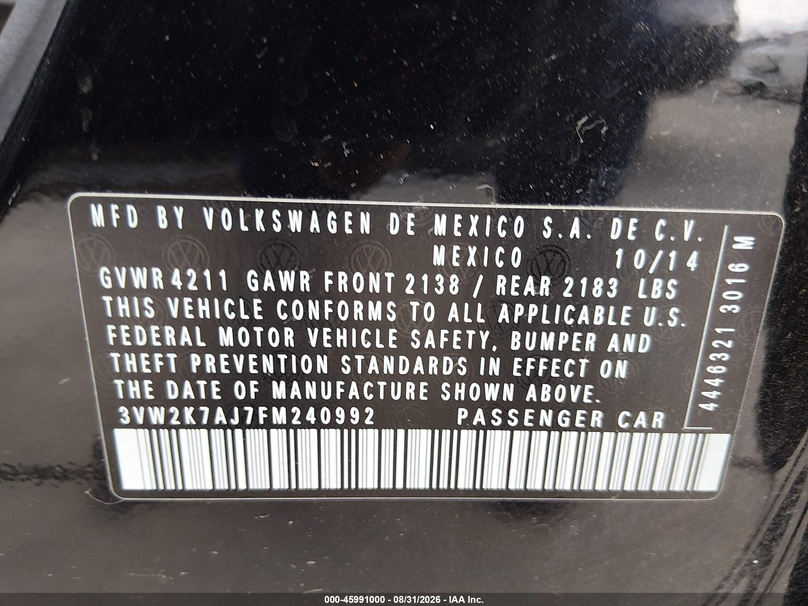 2015 Volkswagen Jetta 2.0l S Black vin: 3VW2K7AJ7FM240992