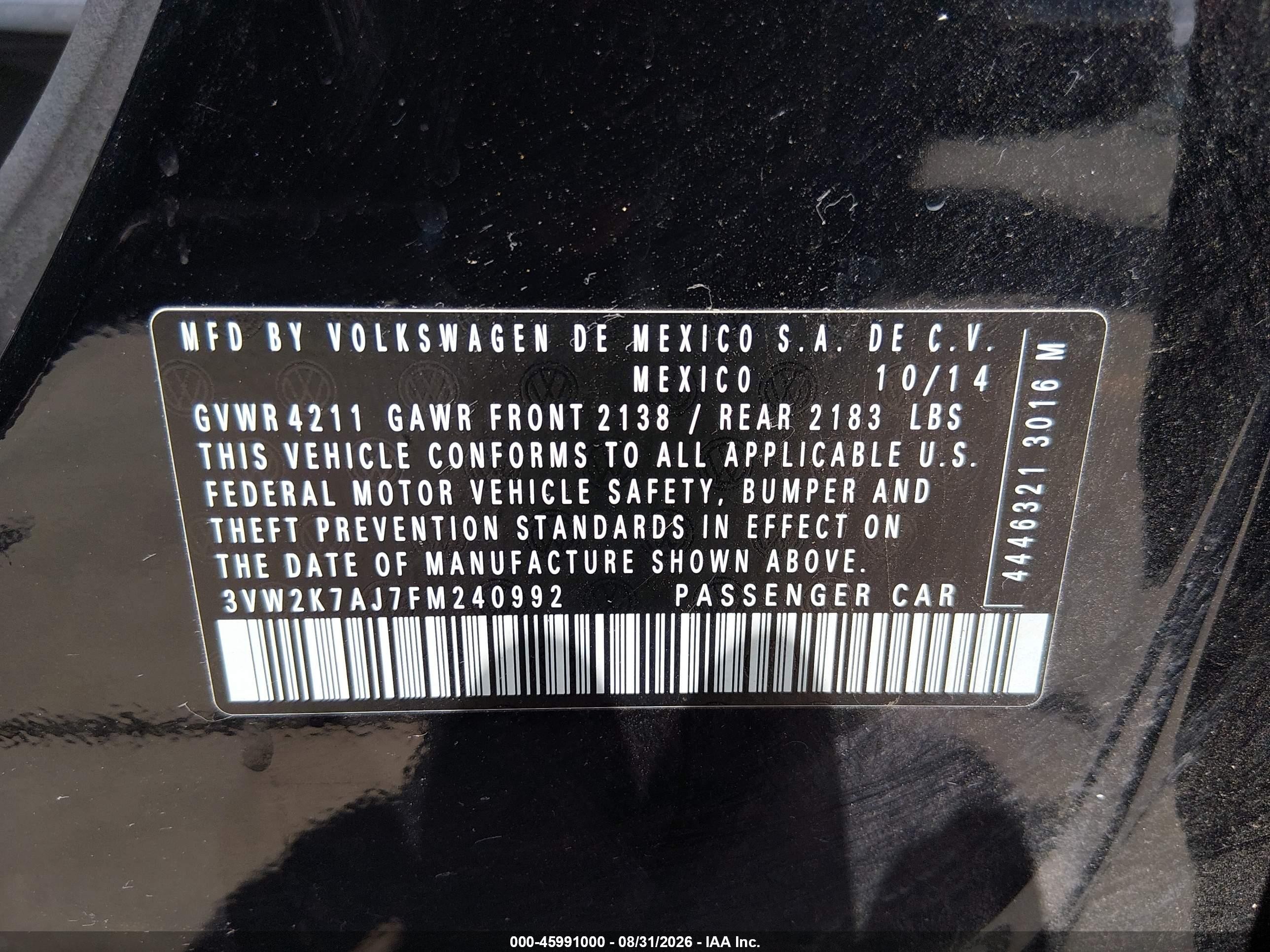 2015 Volkswagen Jetta 2.0l S Black vin: 3VW2K7AJ7FM240992