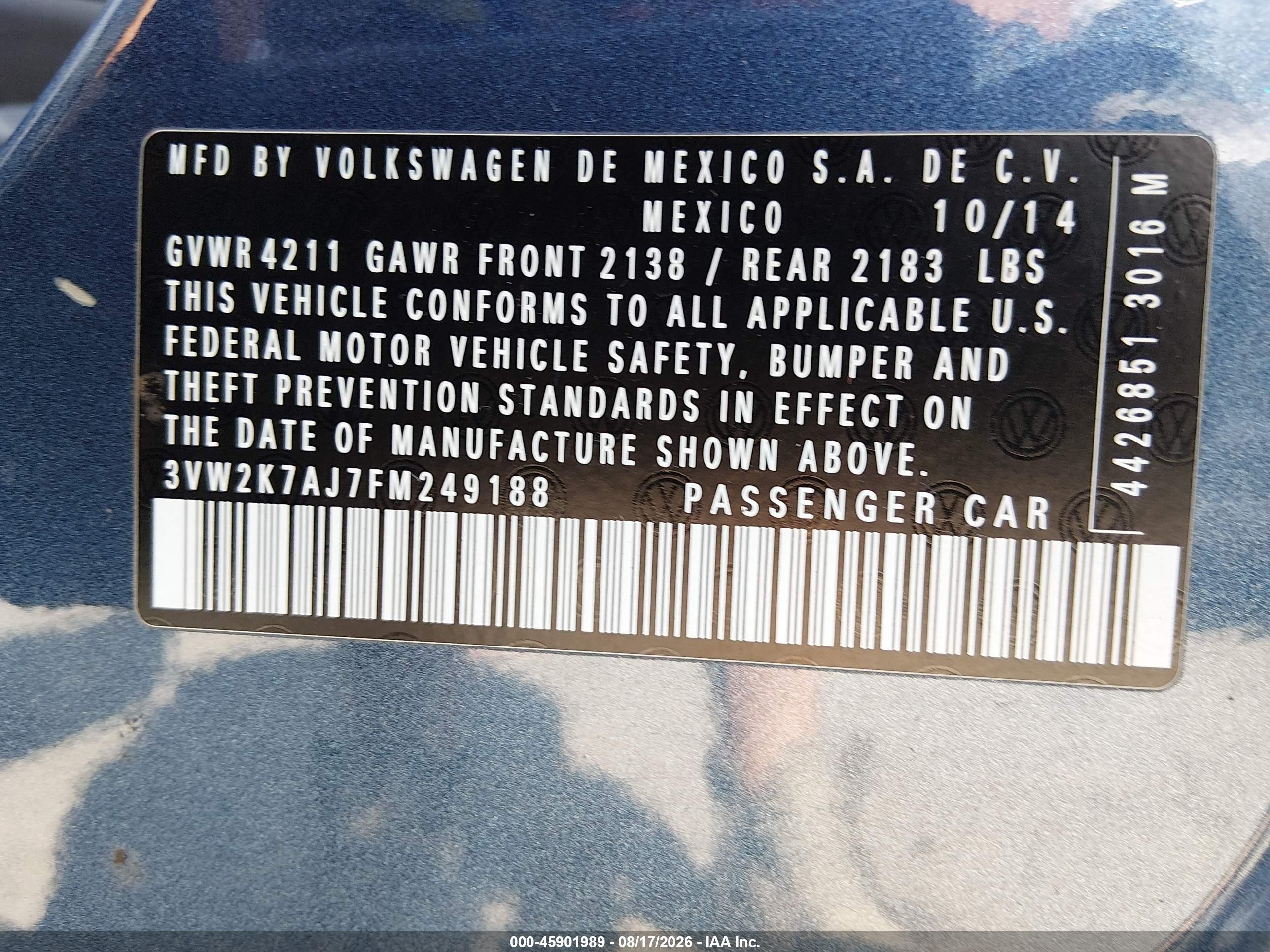 2015 Volkswagen Jetta 2.0l S Blue vin: 3VW2K7AJ7FM249188