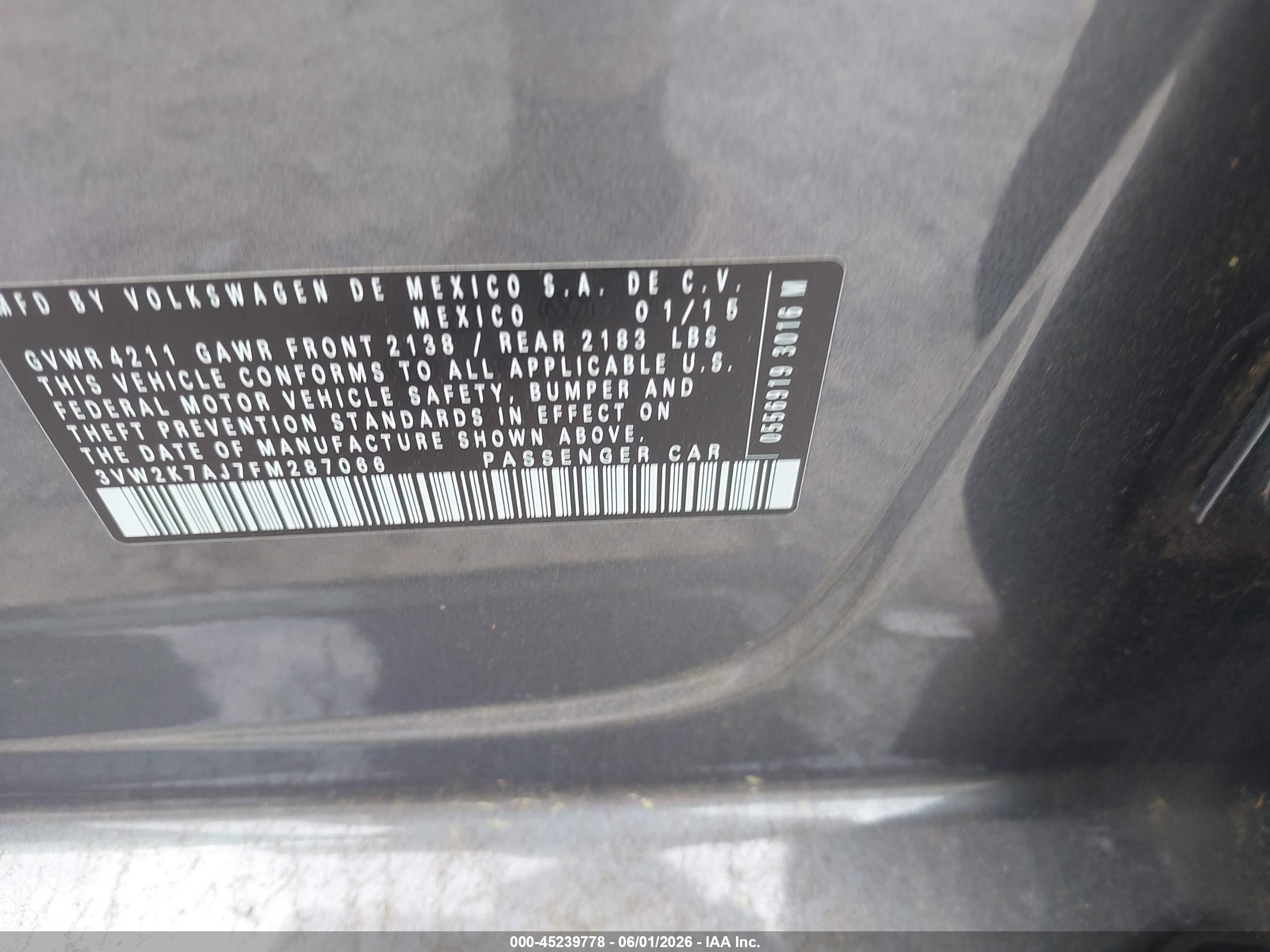 2015 Volkswagen Jetta 2.0l S Gray vin: 3VW2K7AJ7FM287066