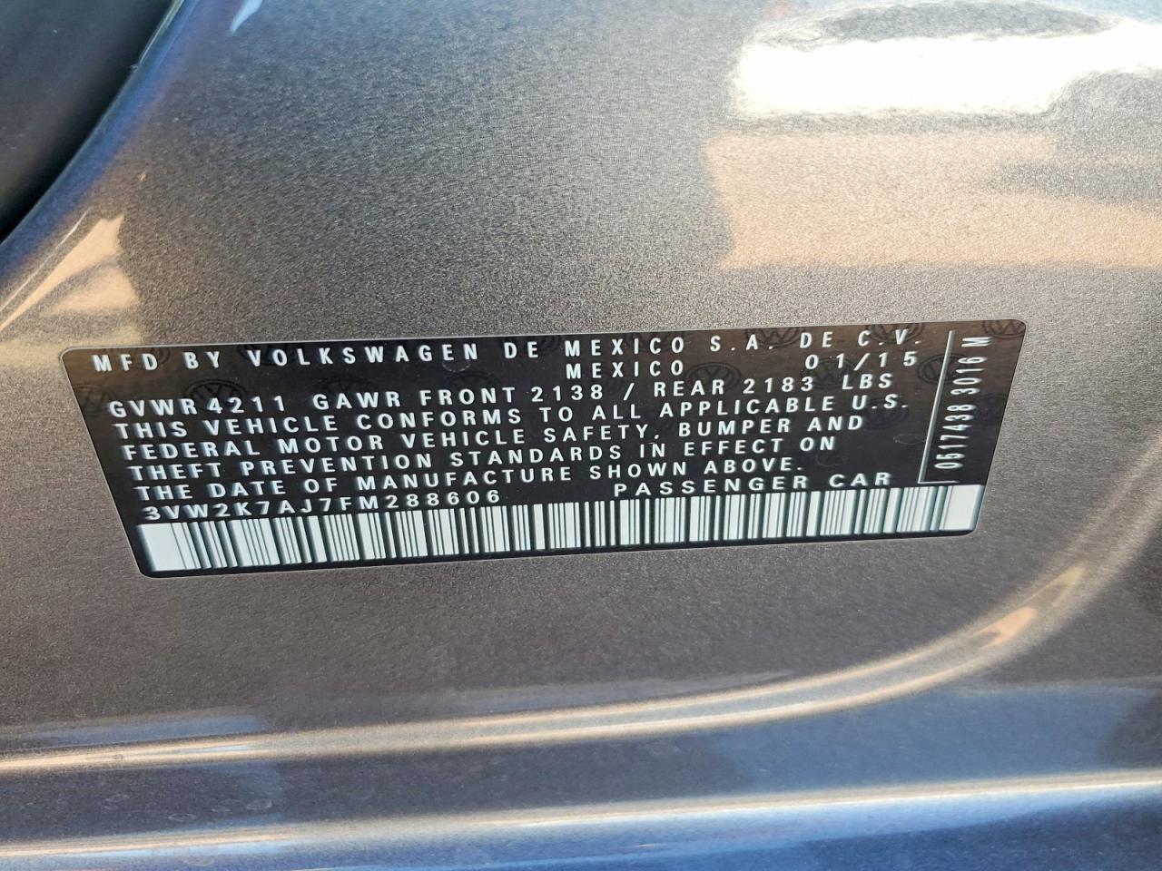 2015 Volkswagen Jetta Base Gray vin: 3VW2K7AJ7FM288606