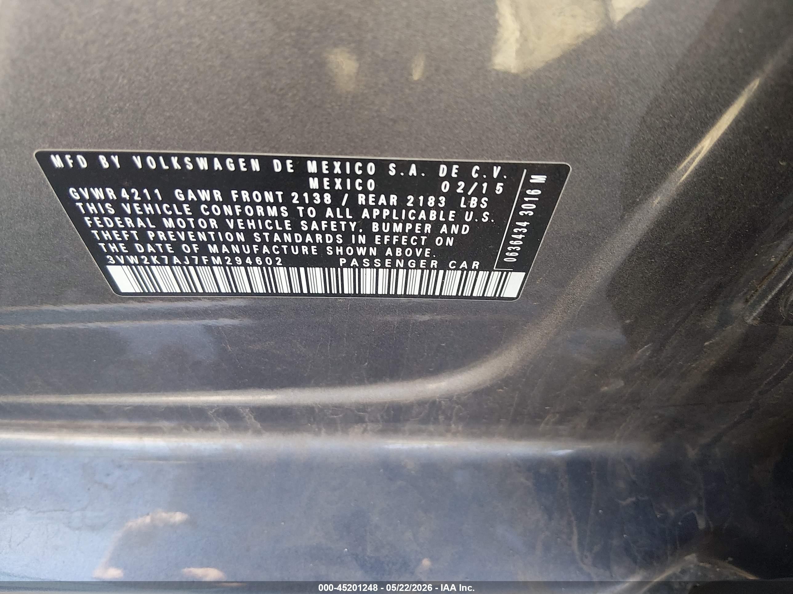 2015 Volkswagen Jetta 2.0l S Gray vin: 3VW2K7AJ7FM294602