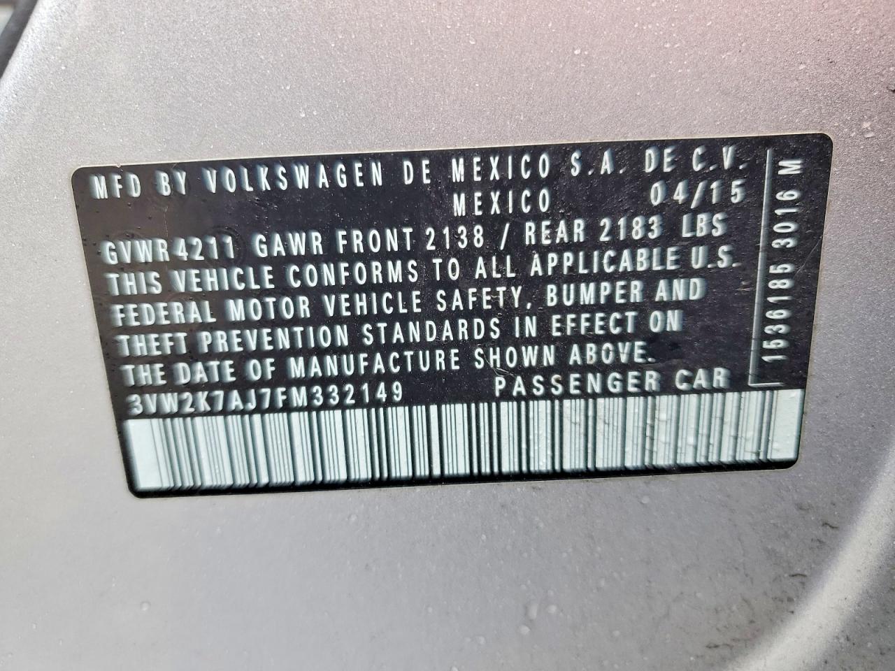 2015 Volkswagen Jetta Base Silver vin: 3VW2K7AJ7FM332149