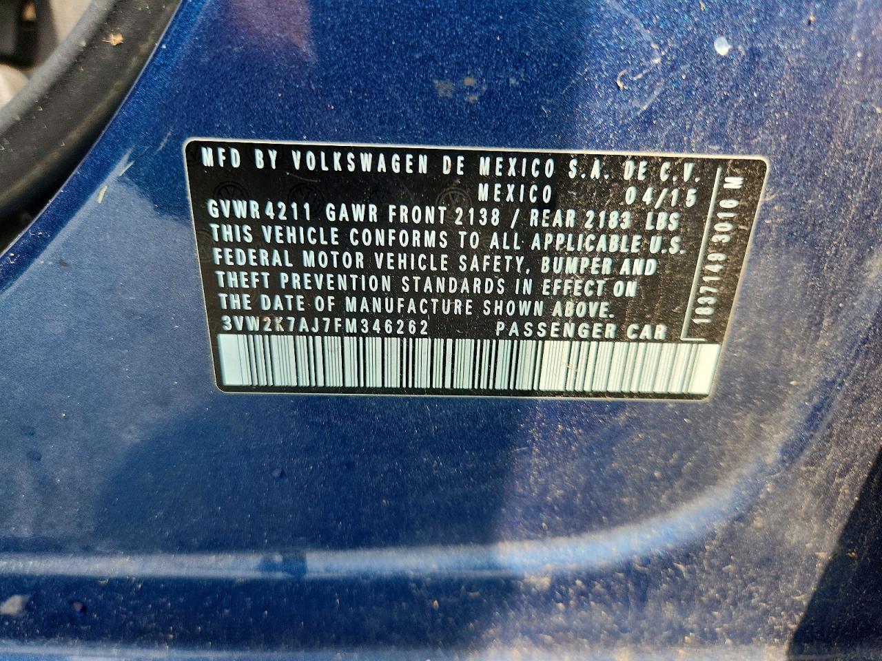 2015 Volkswagen Jetta Base Blue vin: 3VW2K7AJ7FM346262