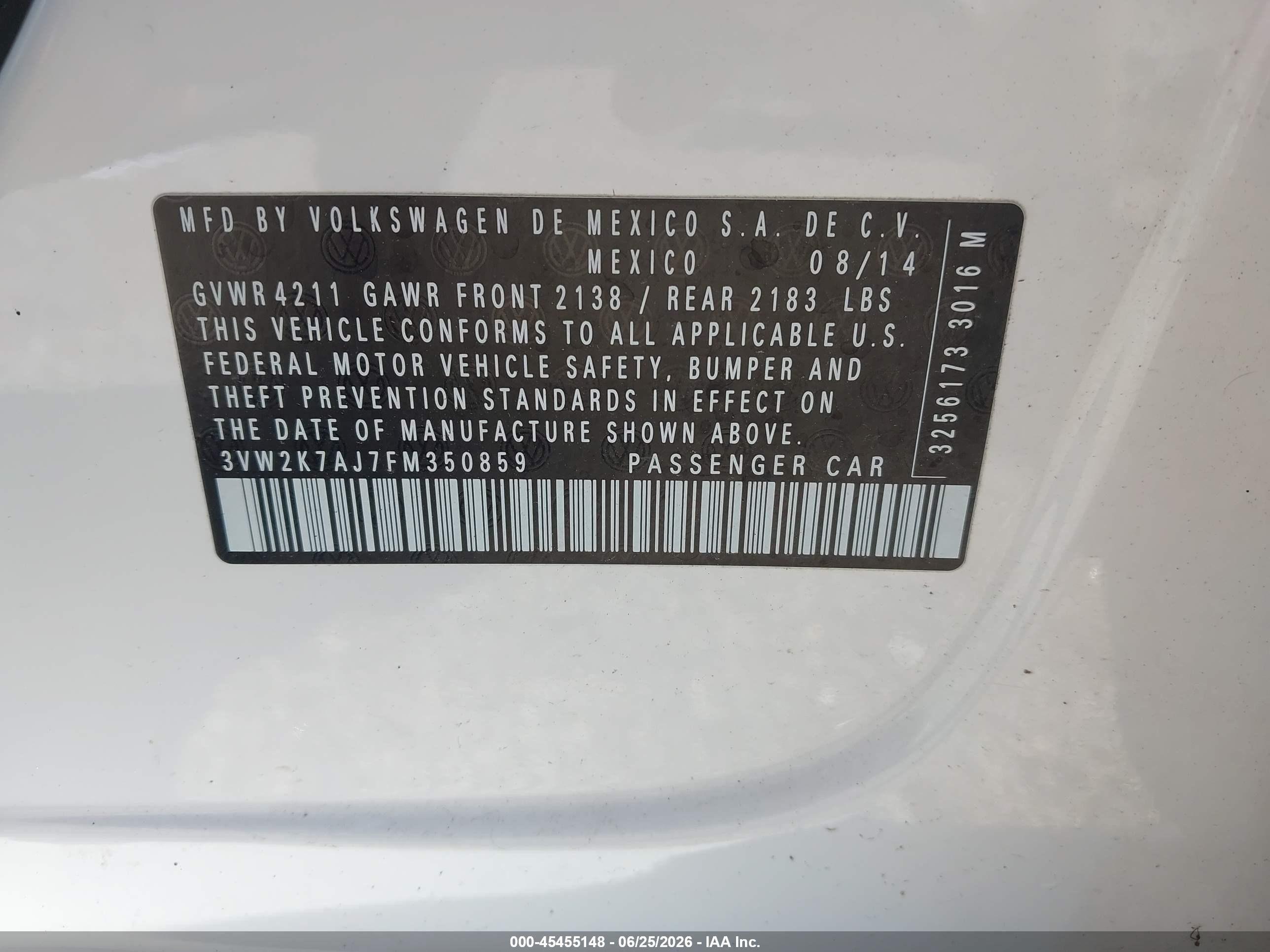 2015 Volkswagen Jetta 2.0l S White vin: 3VW2K7AJ7FM350859
