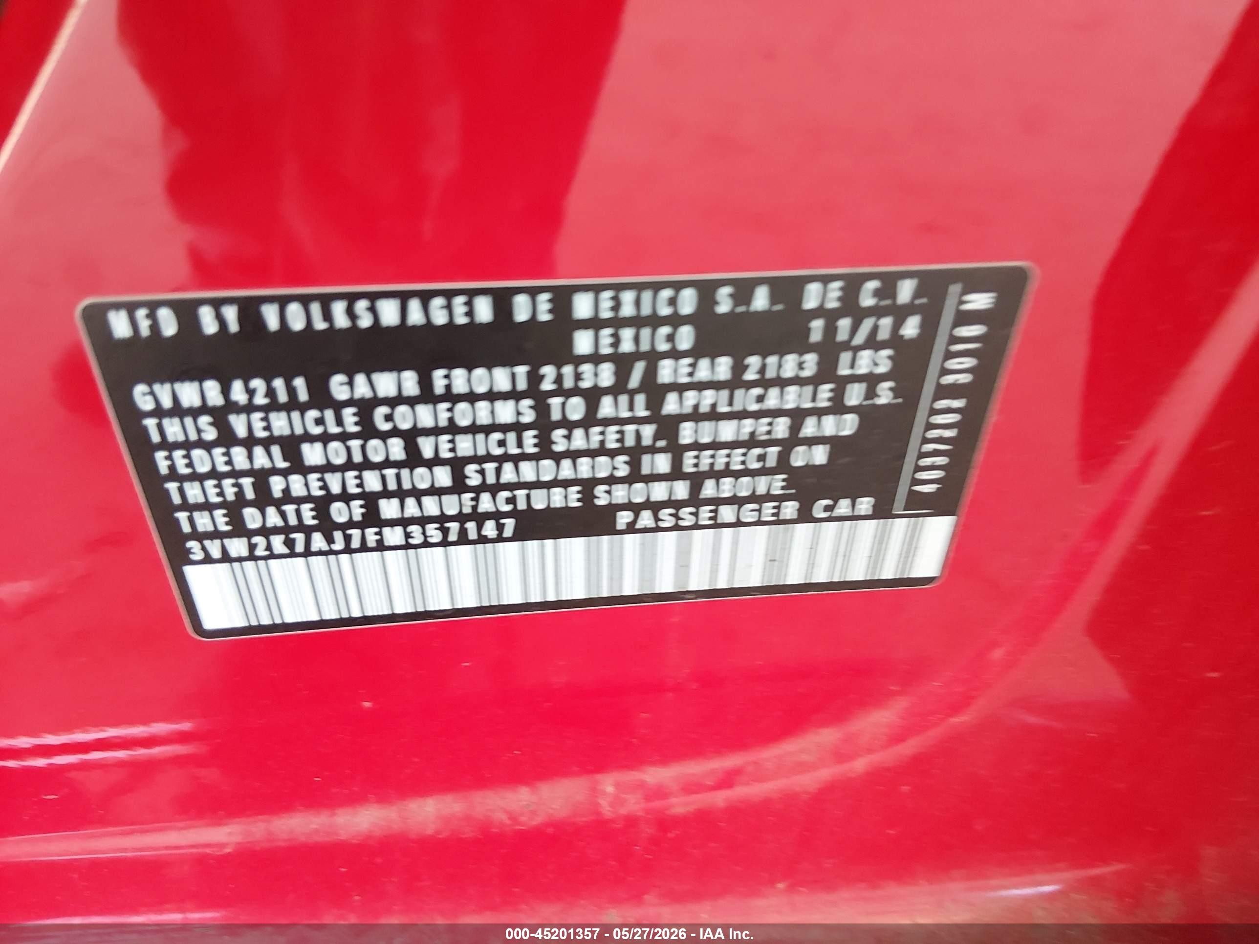 2015 Volkswagen Jetta 2.0l S Красный vin: 3VW2K7AJ7FM357147