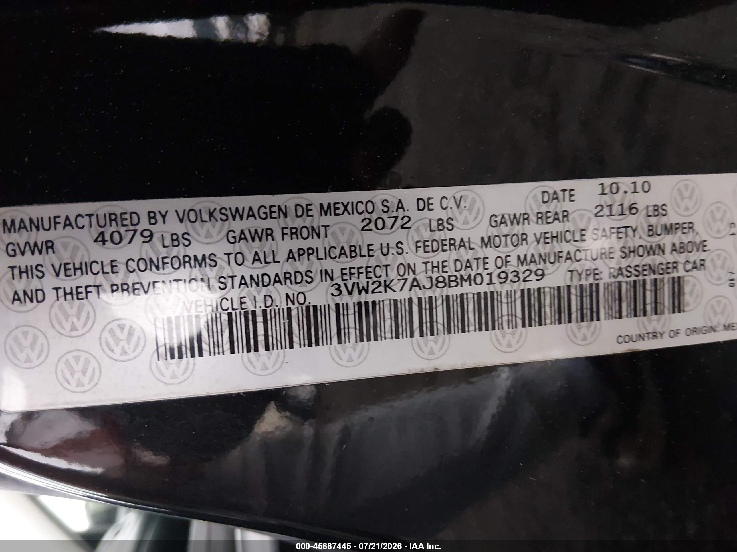 2011 Volkswagen Jetta 2.0l S Black vin: 3VW2K7AJ8BM019329