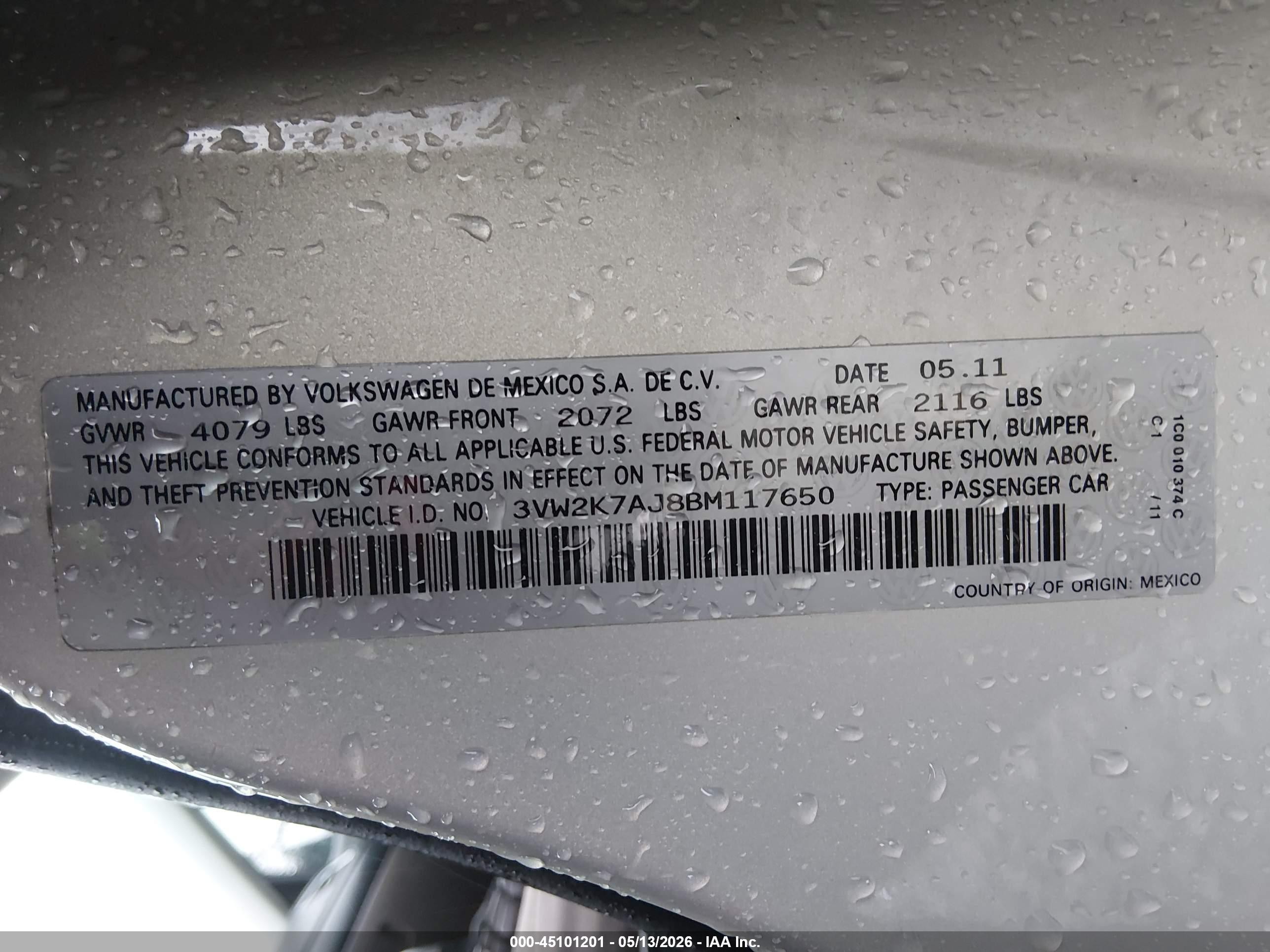 2011 Volkswagen Jetta 2.0l S Silver vin: 3VW2K7AJ8BM117650