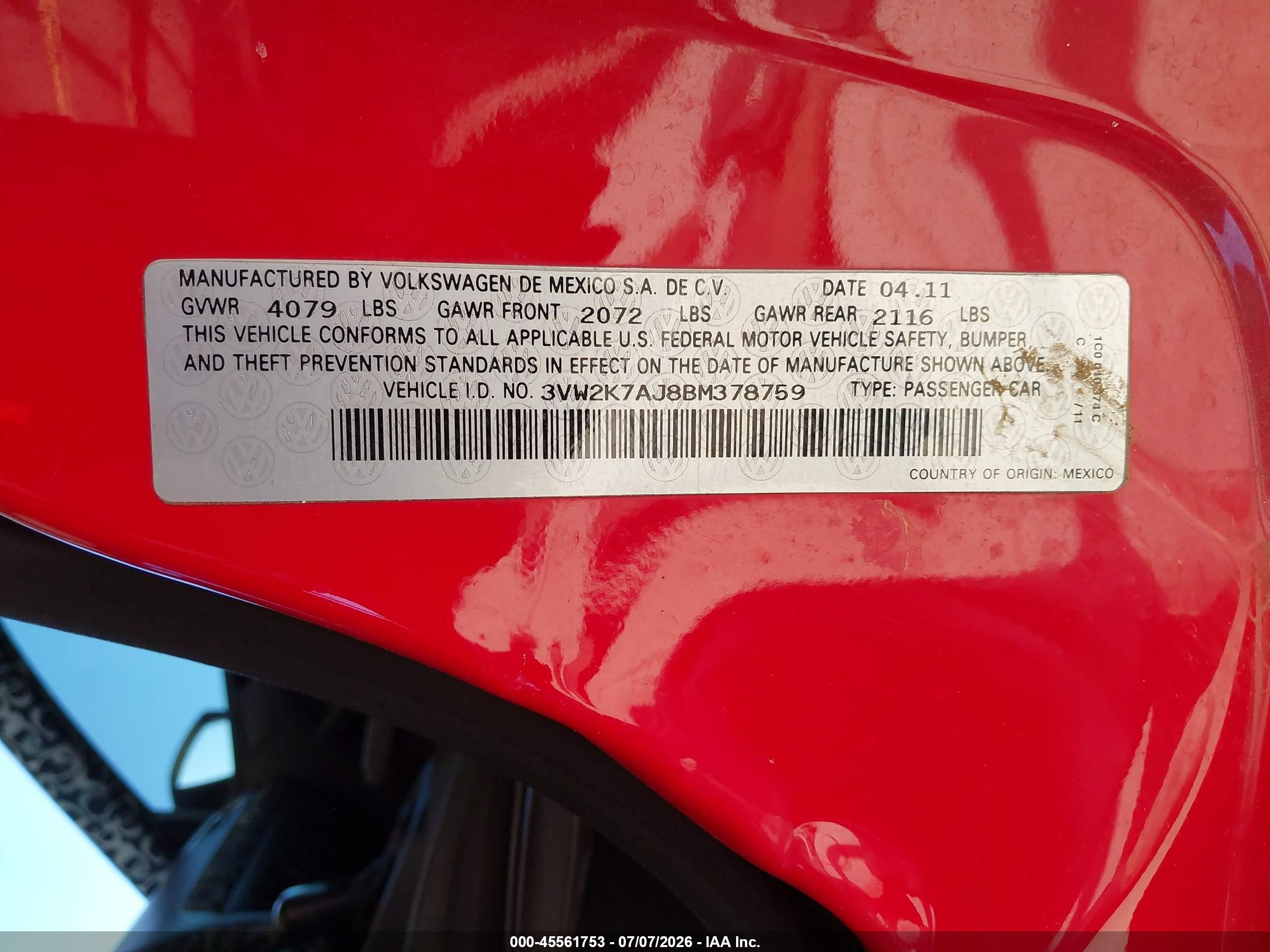 2011 Volkswagen Jetta 2.0l S Red vin: 3VW2K7AJ8BM378759