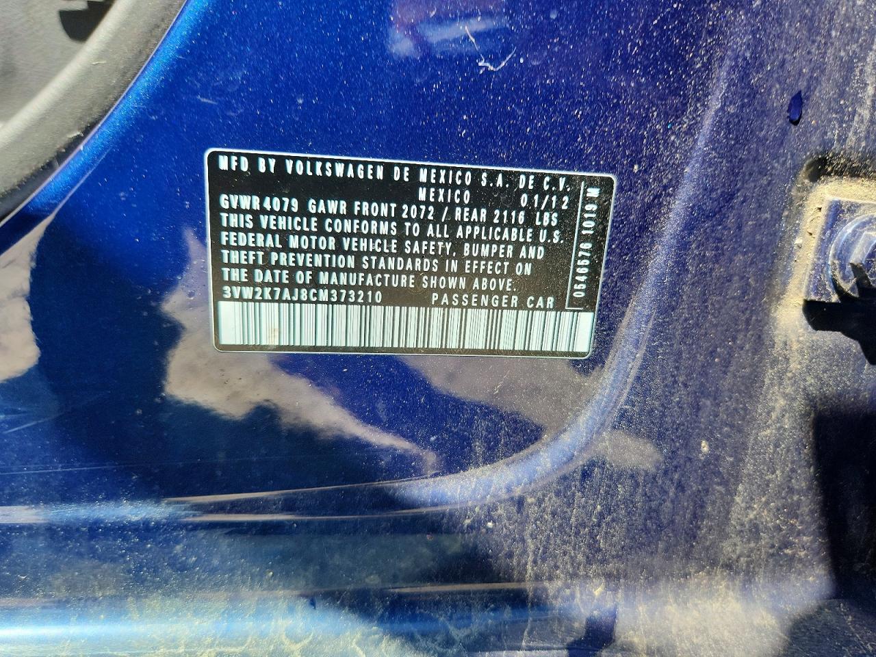 2012 Volkswagen Jetta Base Blue vin: 3VW2K7AJ8CM373210