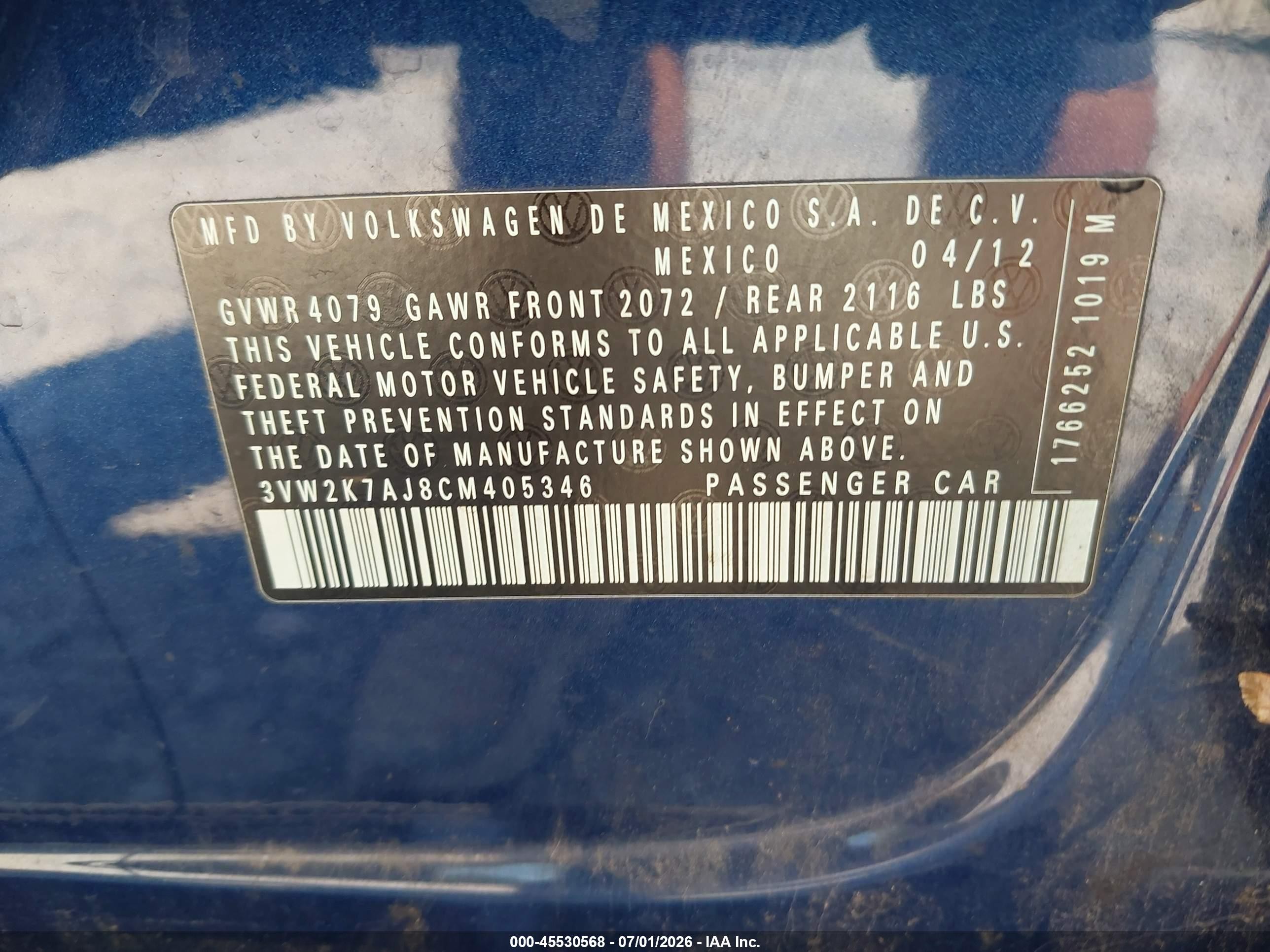 2012 Volkswagen Jetta 2.0l S Blue vin: 3VW2K7AJ8CM405346