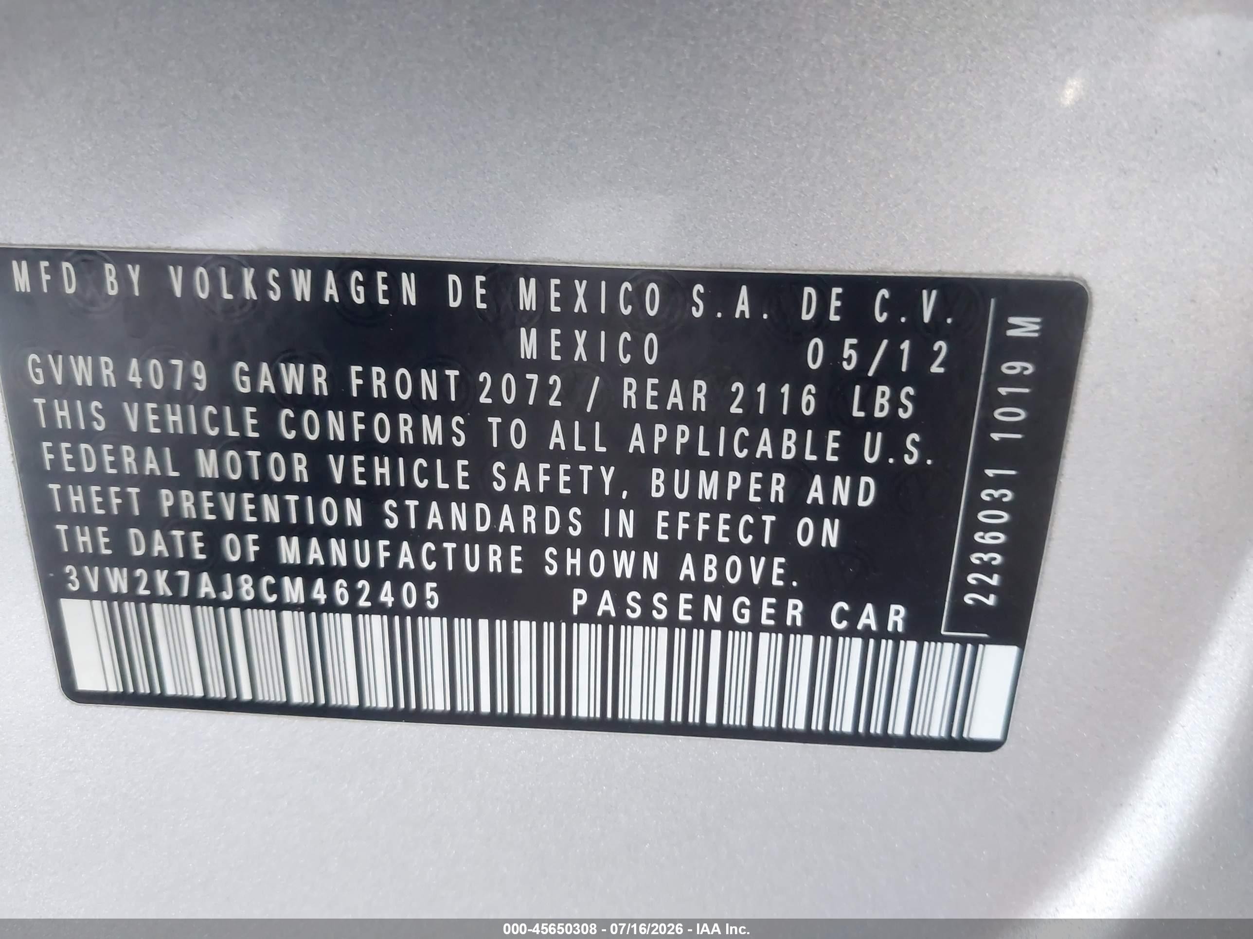 2012 Volkswagen Jetta 2.0l S Silver vin: 3VW2K7AJ8CM462405