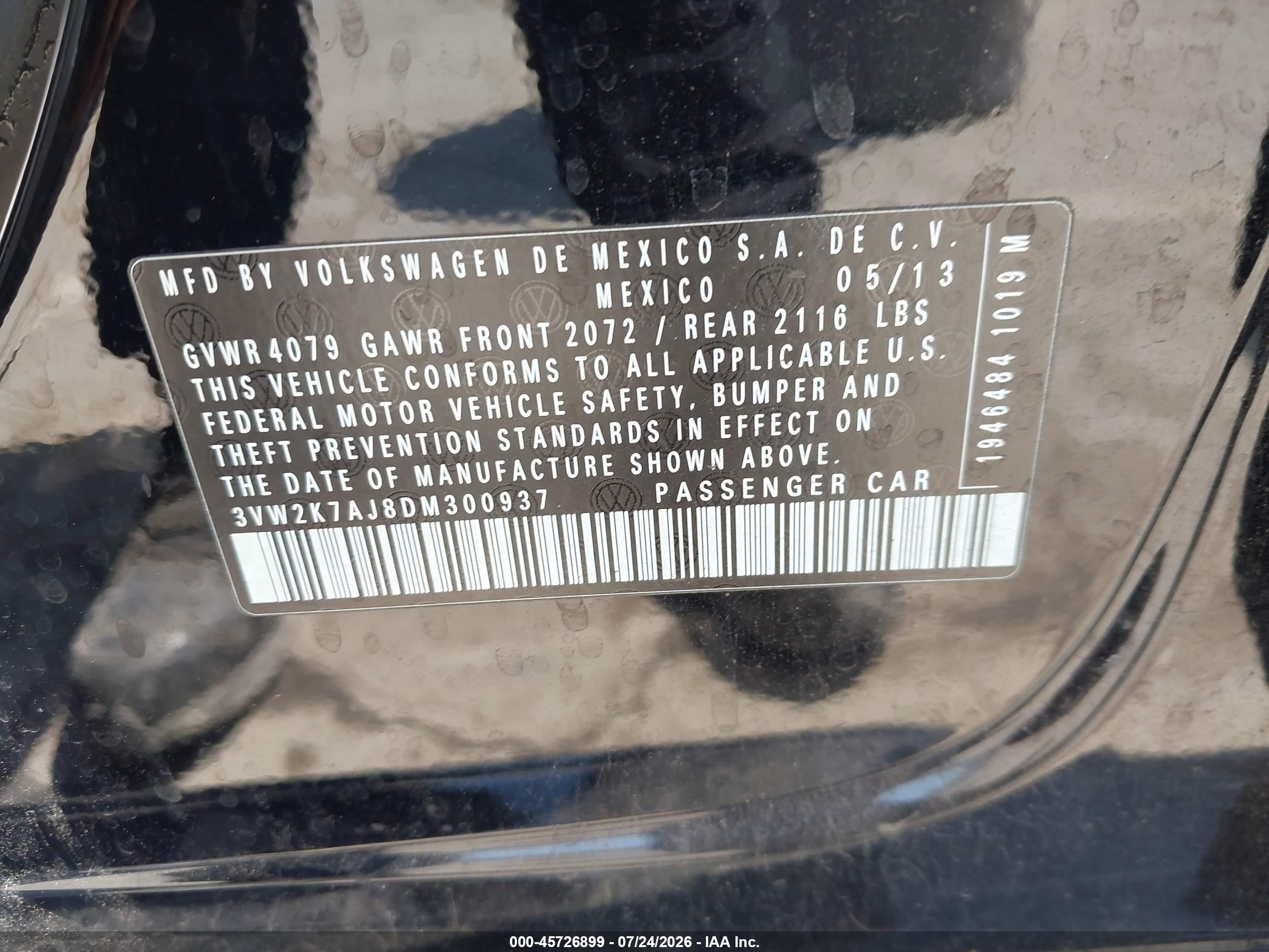 2013 Volkswagen Jetta 2.0l S Black vin: 3VW2K7AJ8DM300937