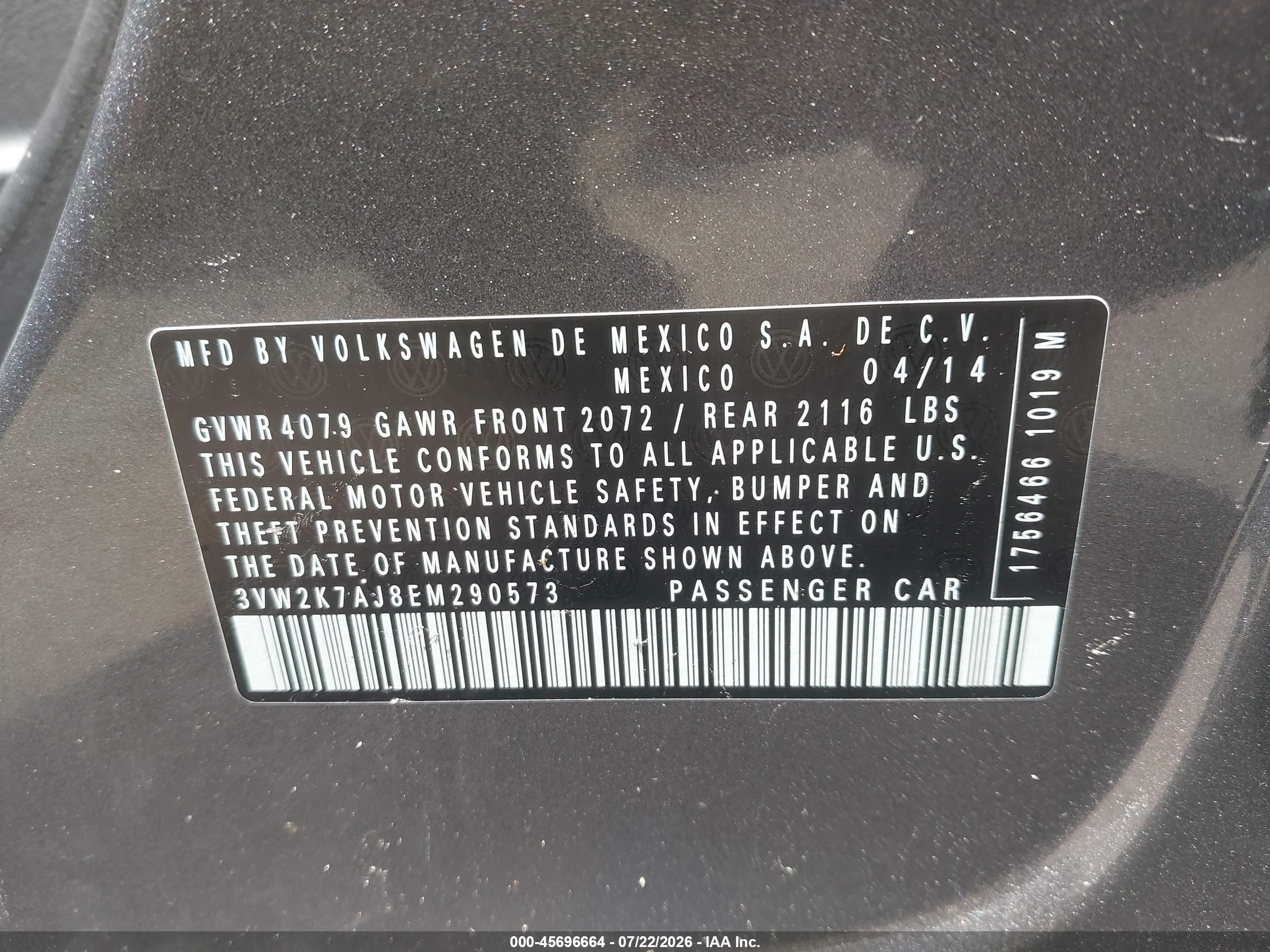 2014 Volkswagen Jetta 2.0l S Gray vin: 3VW2K7AJ8EM290573