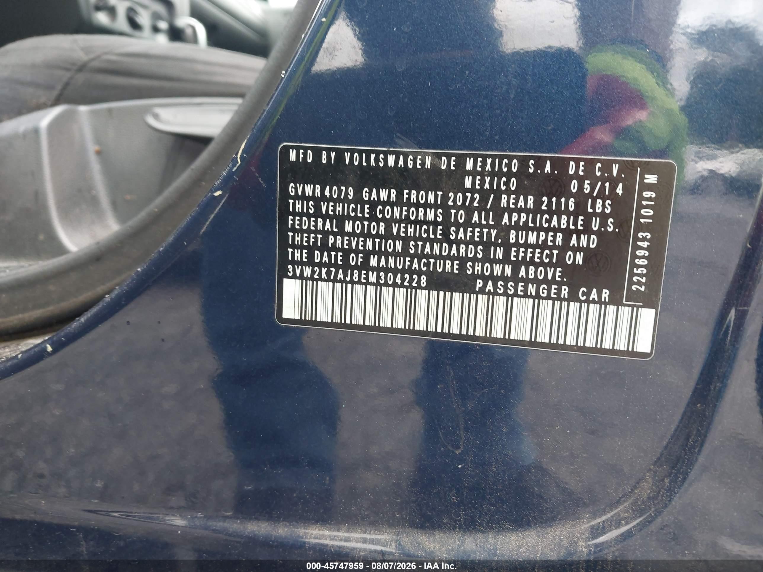 2014 Volkswagen Jetta 2.0l S Blue vin: 3VW2K7AJ8EM304228