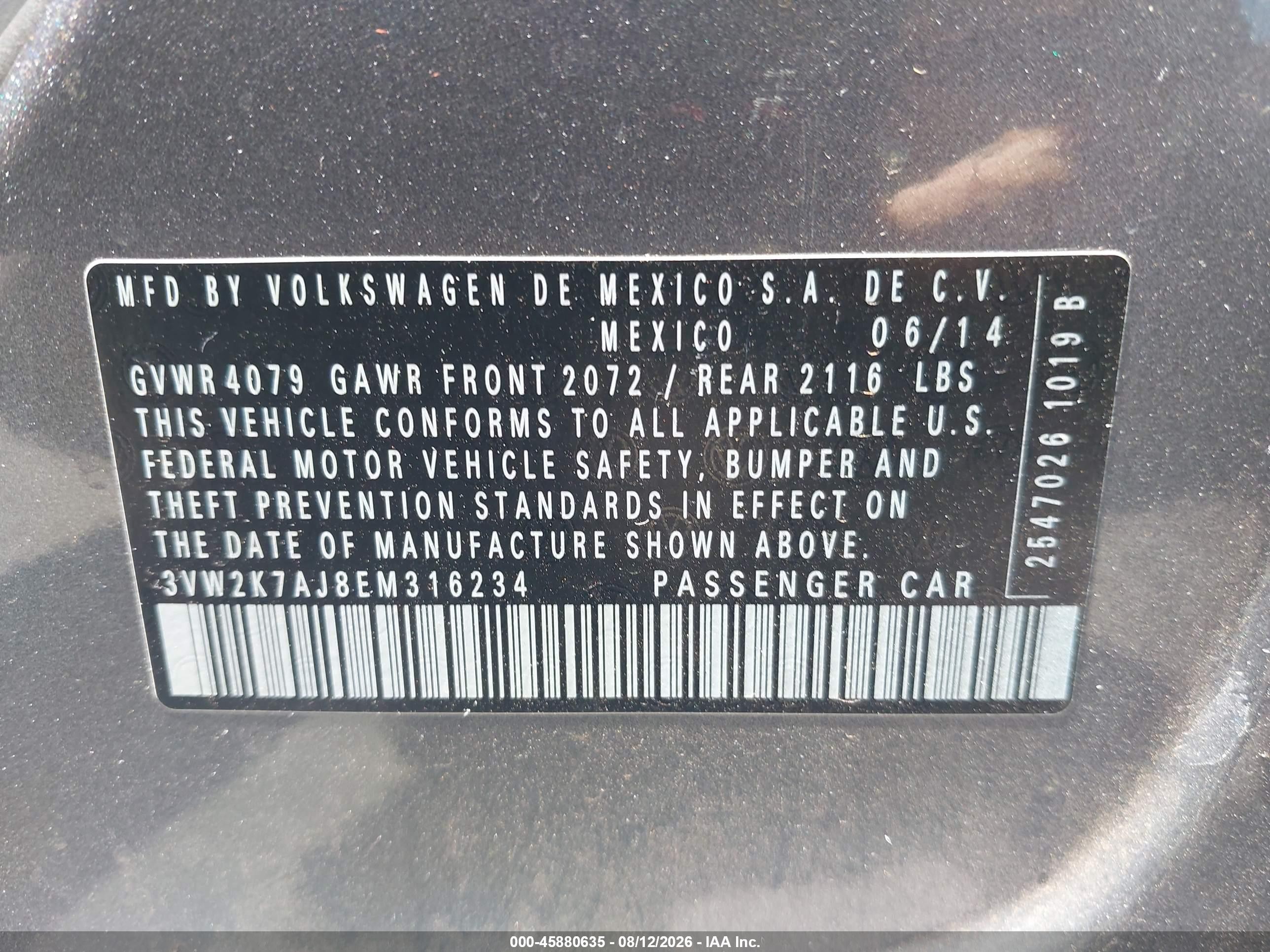2014 Volkswagen Jetta 2.0l S Gray vin: 3VW2K7AJ8EM316234