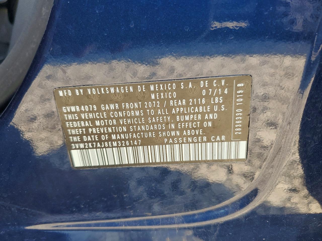 2014 Volkswagen Jetta Base Blue vin: 3VW2K7AJ8EM326147