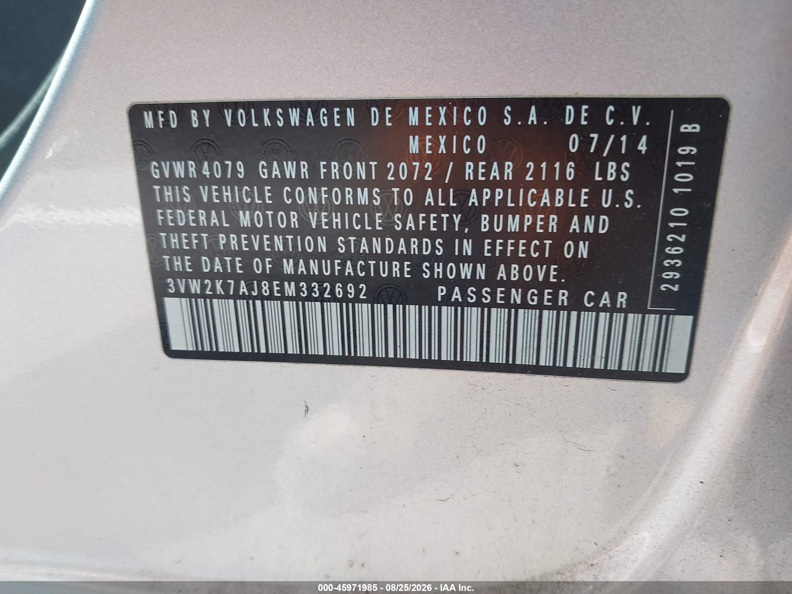2014 Volkswagen Jetta 2.0l S Серебряный vin: 3VW2K7AJ8EM332692