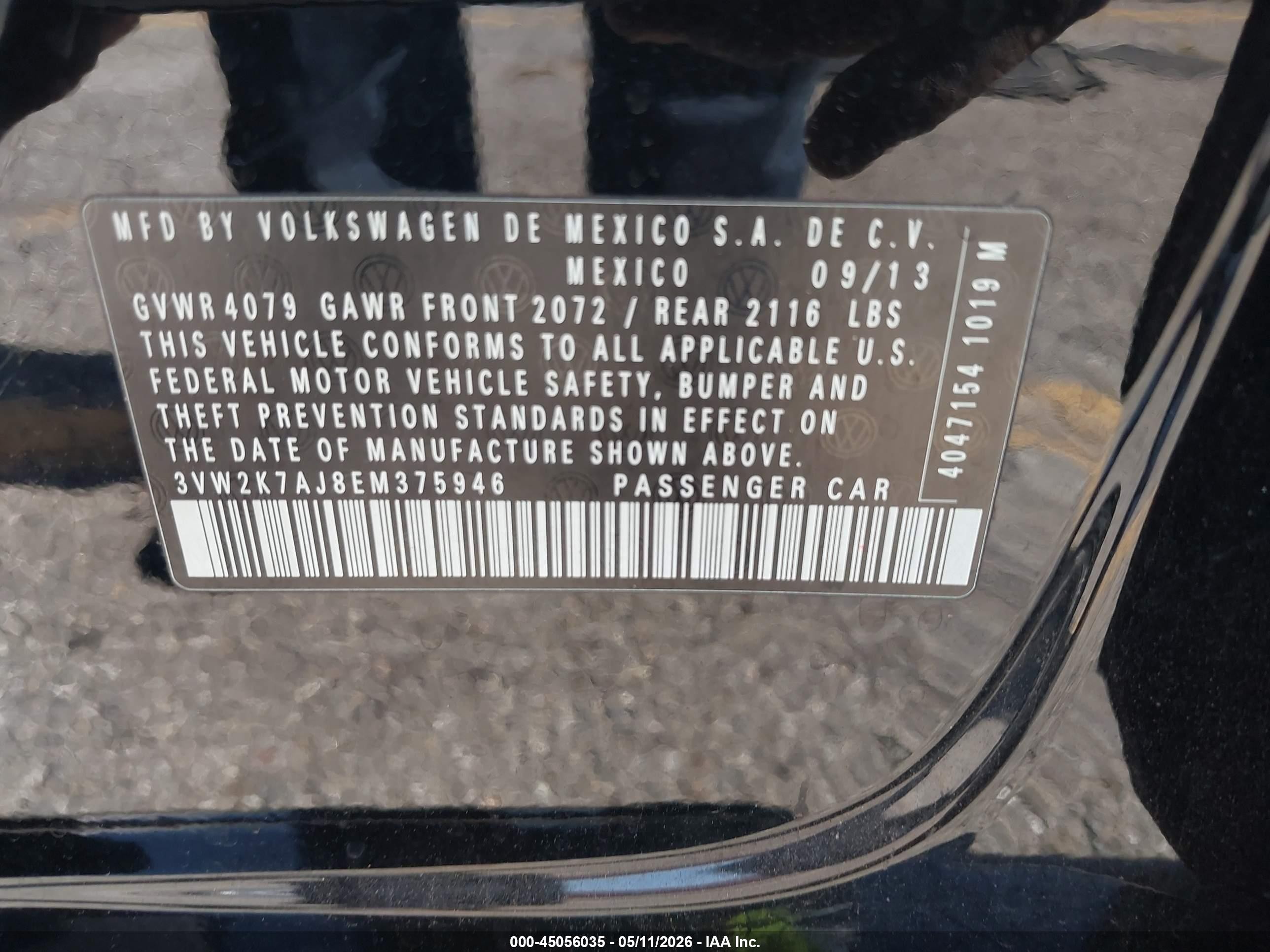 2014 Volkswagen Jetta 2.0l S Черный vin: 3VW2K7AJ8EM375946