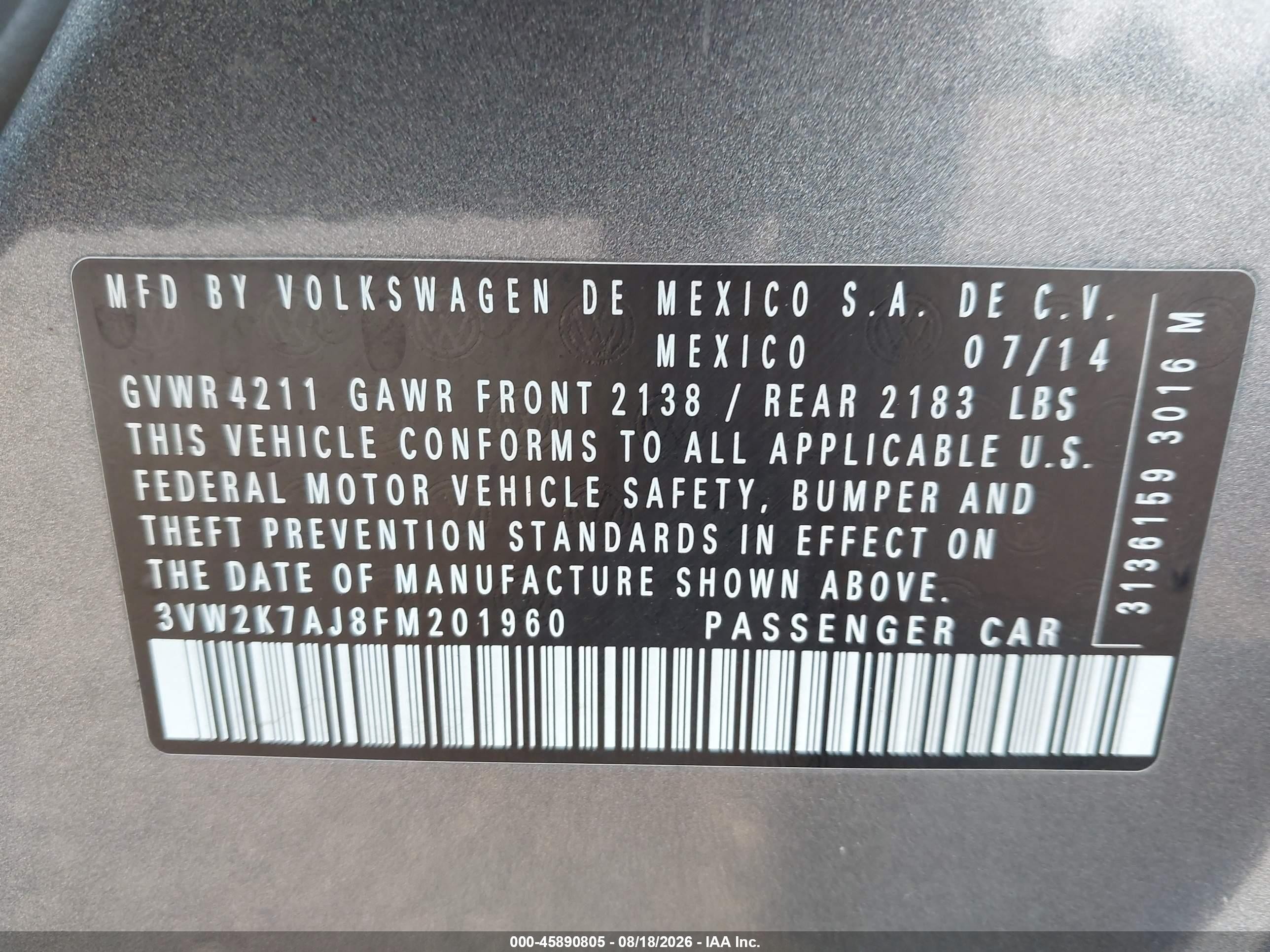 2015 Volkswagen Jetta 2.0l S Серый vin: 3VW2K7AJ8FM201960