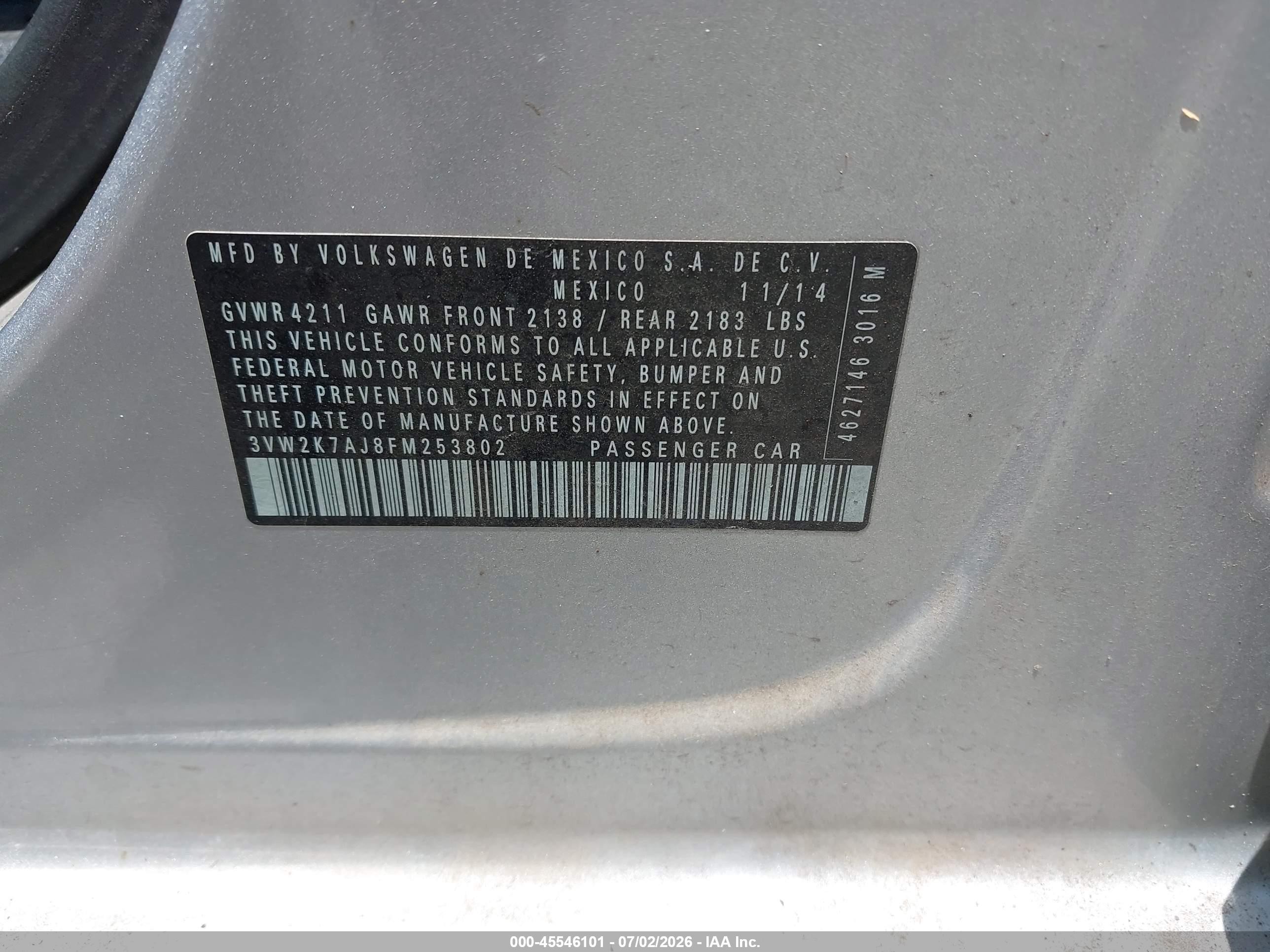 2015 Volkswagen Jetta 2.0l S Silver vin: 3VW2K7AJ8FM253802