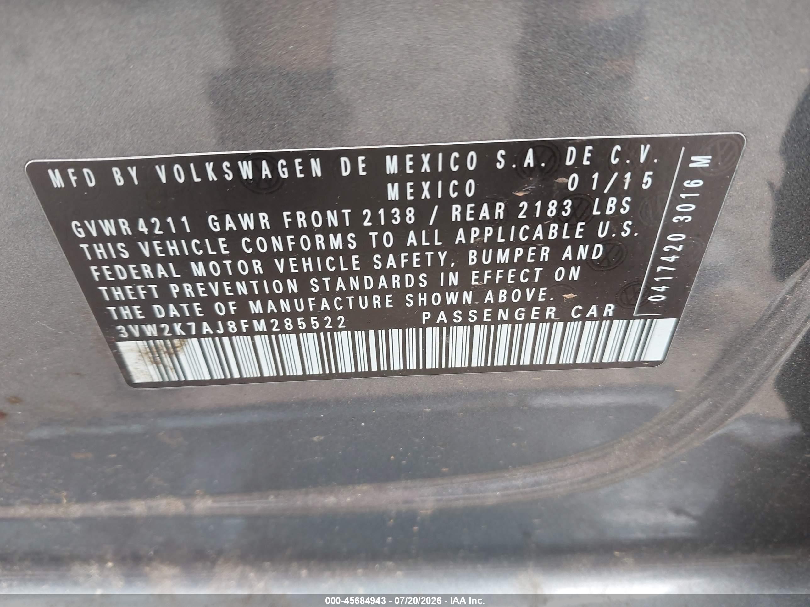 2015 Volkswagen Jetta 2.0l S Gray vin: 3VW2K7AJ8FM285522