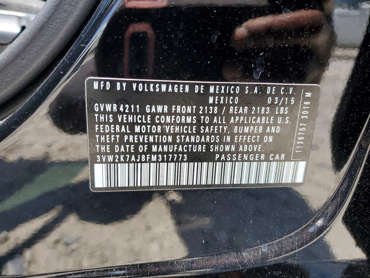 2015 Volkswagen Jetta Base Black vin: 3VW2K7AJ8FM317773