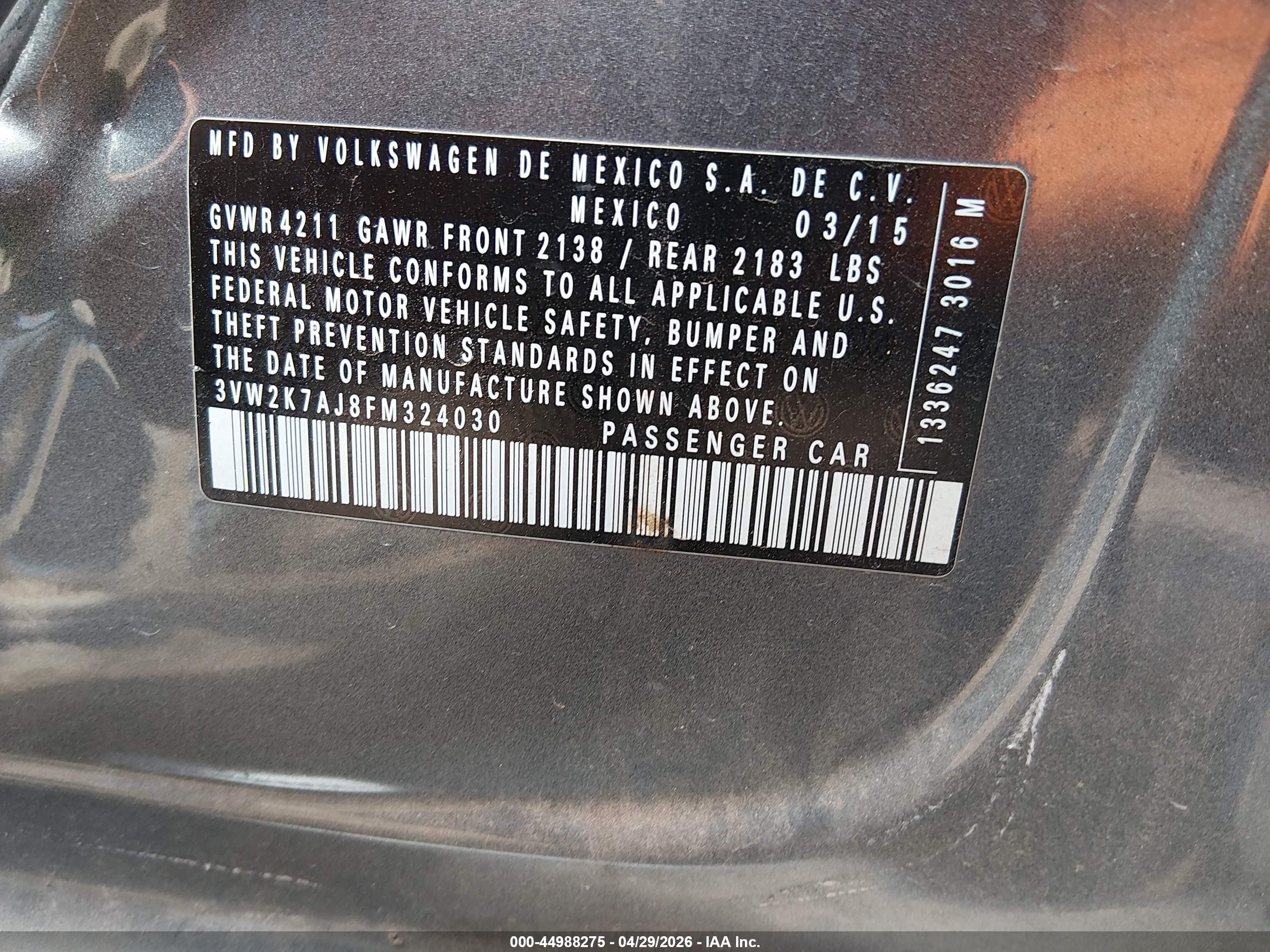 2015 Volkswagen Jetta 2.0l S Серый vin: 3VW2K7AJ8FM324030