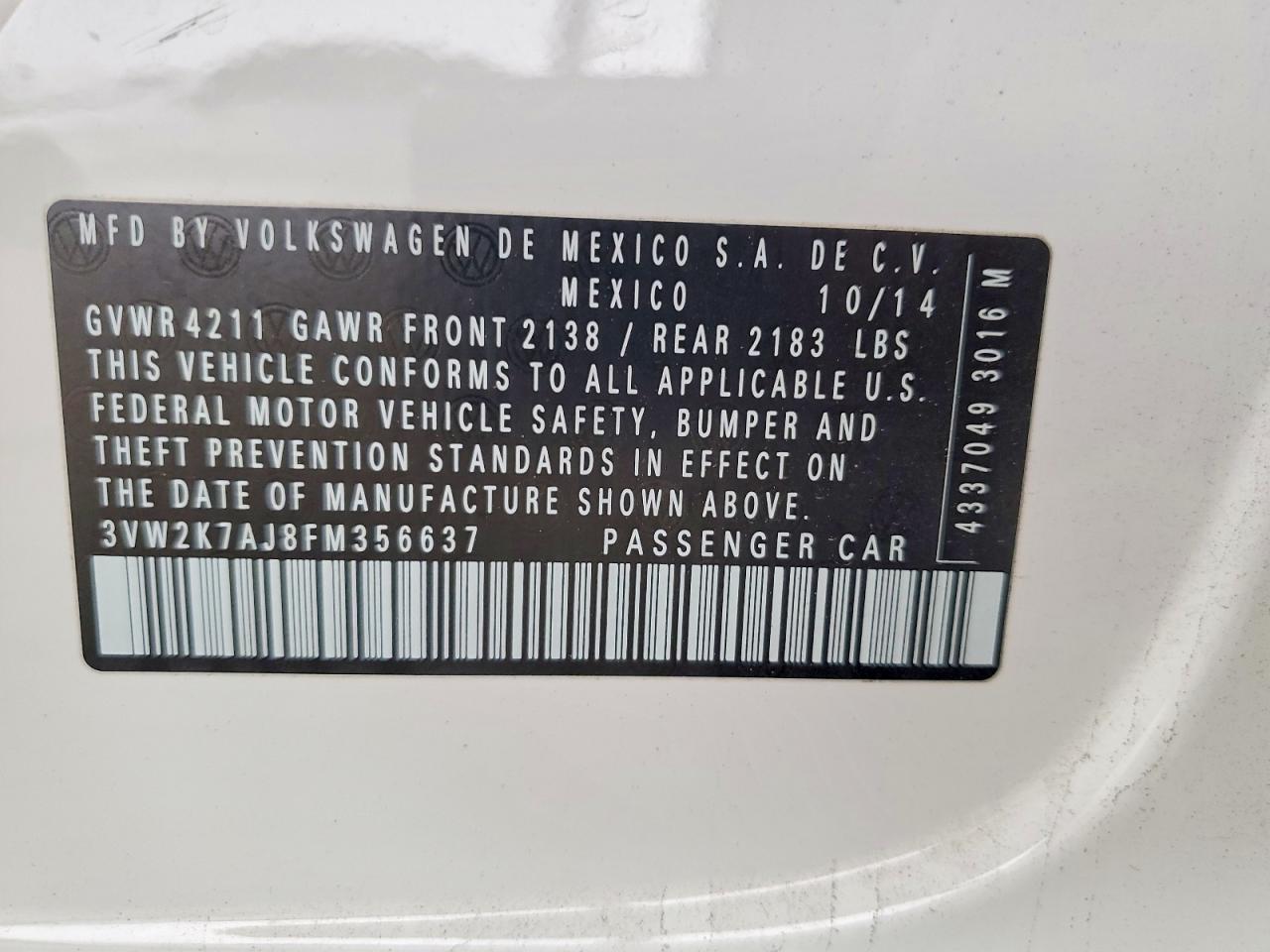 2015 Volkswagen Jetta Base White vin: 3VW2K7AJ8FM356637