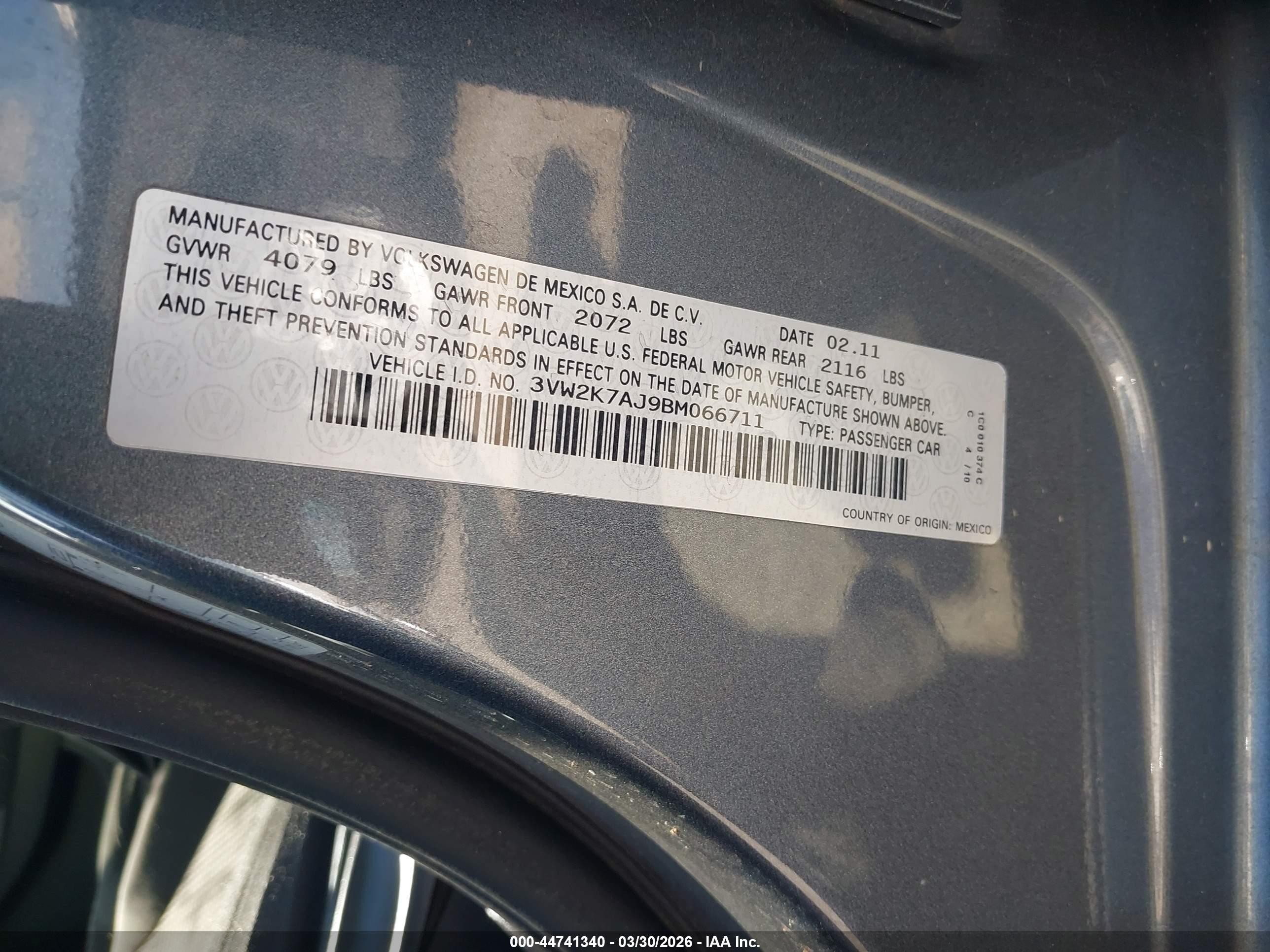 2011 Volkswagen Jetta 2.0l S Gray vin: 3VW2K7AJ9BM066711