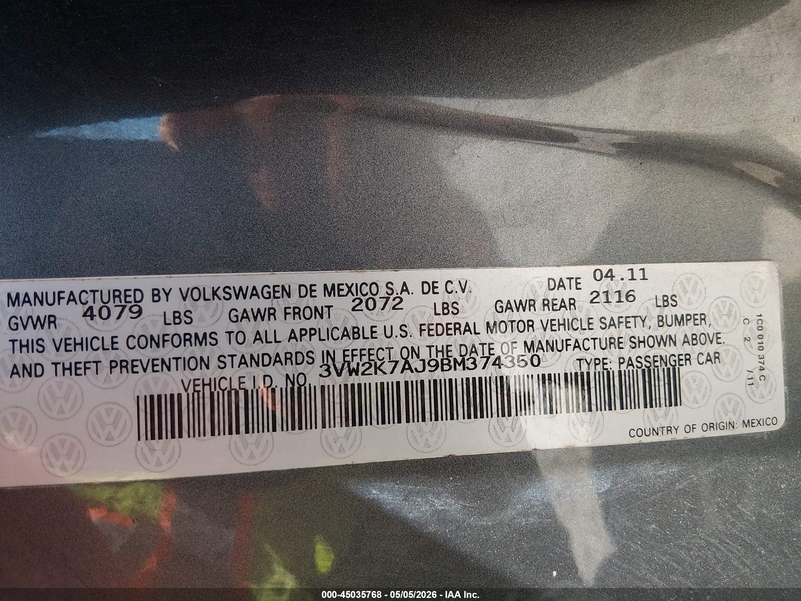 2011 Volkswagen Jetta 2.0l S Gray vin: 3VW2K7AJ9BM374350