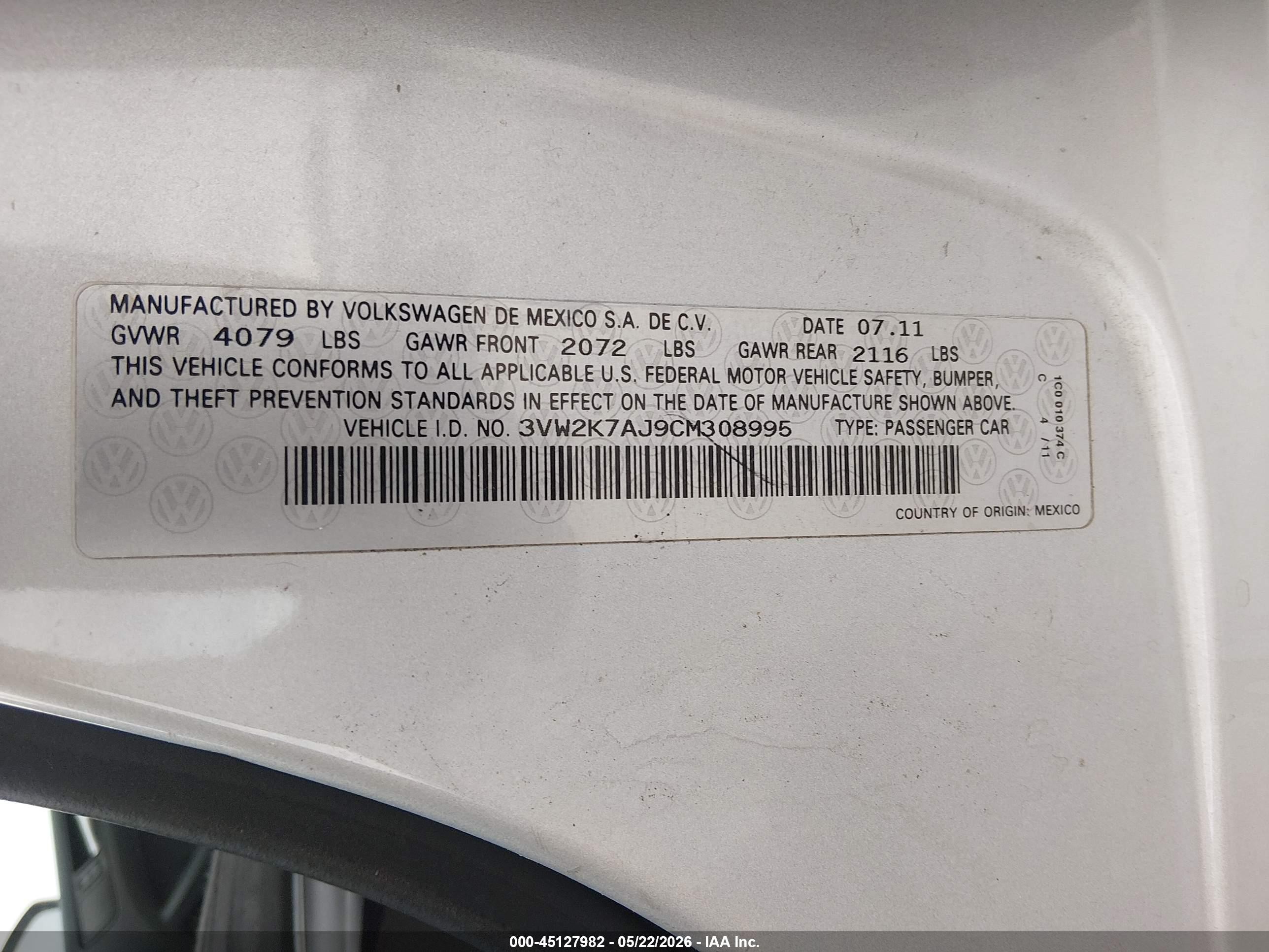 2012 Volkswagen Jetta 2.0l S Silver vin: 3VW2K7AJ9CM308995