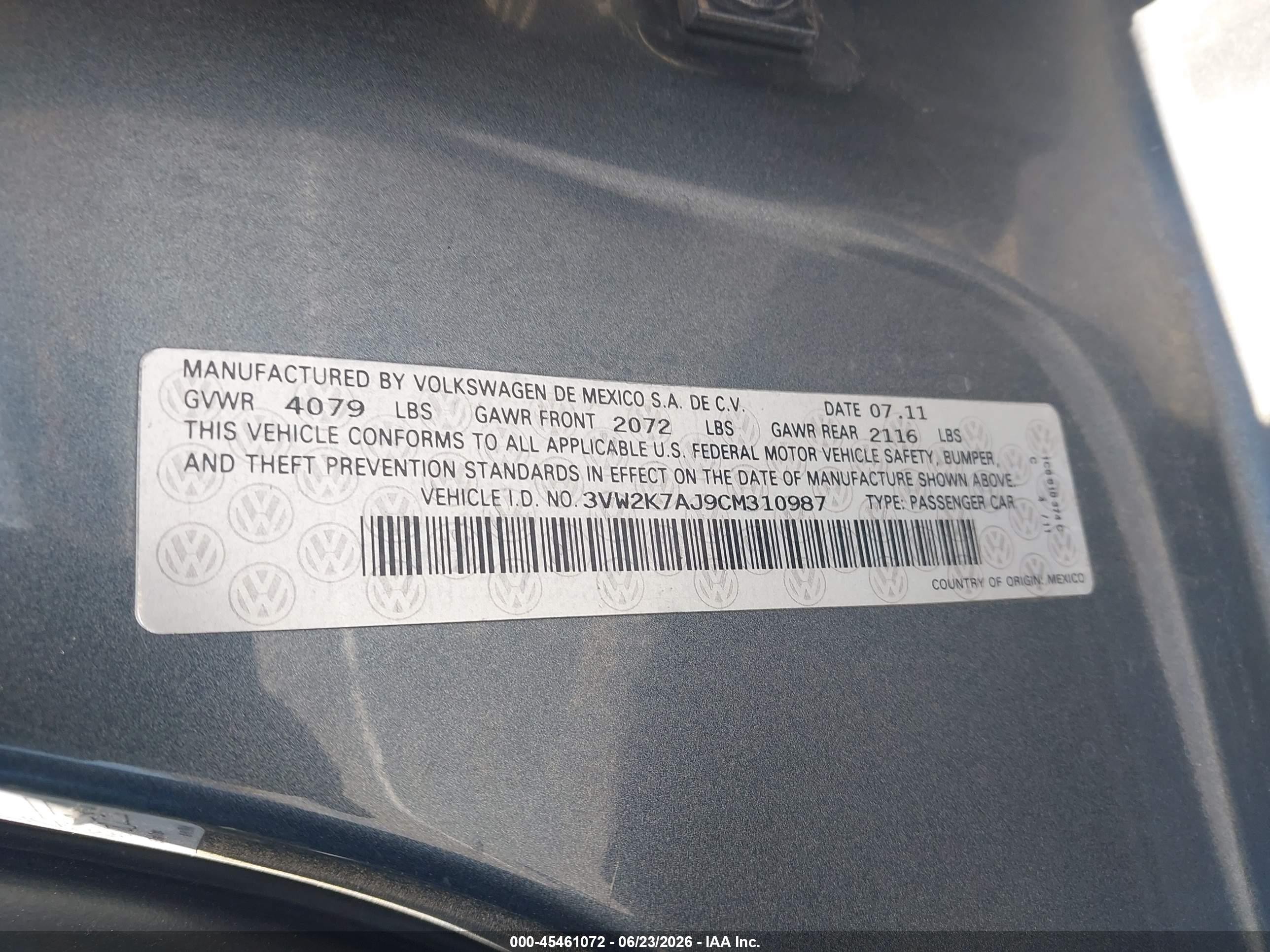 2012 Volkswagen Jetta 2.0l S Silver vin: 3VW2K7AJ9CM310987
