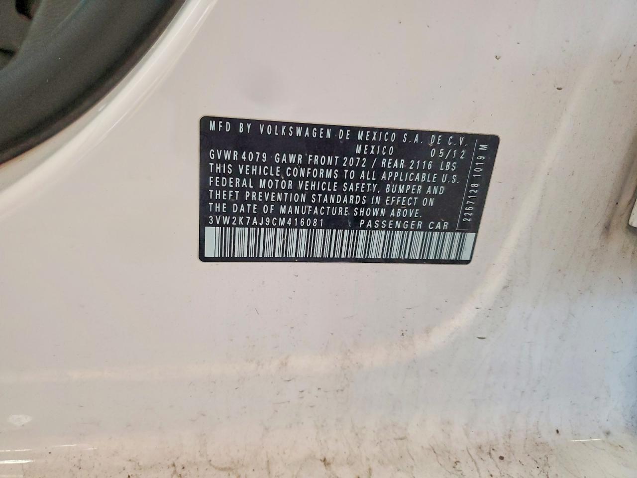 2012 Volkswagen Jetta Base White vin: 3VW2K7AJ9CM416081