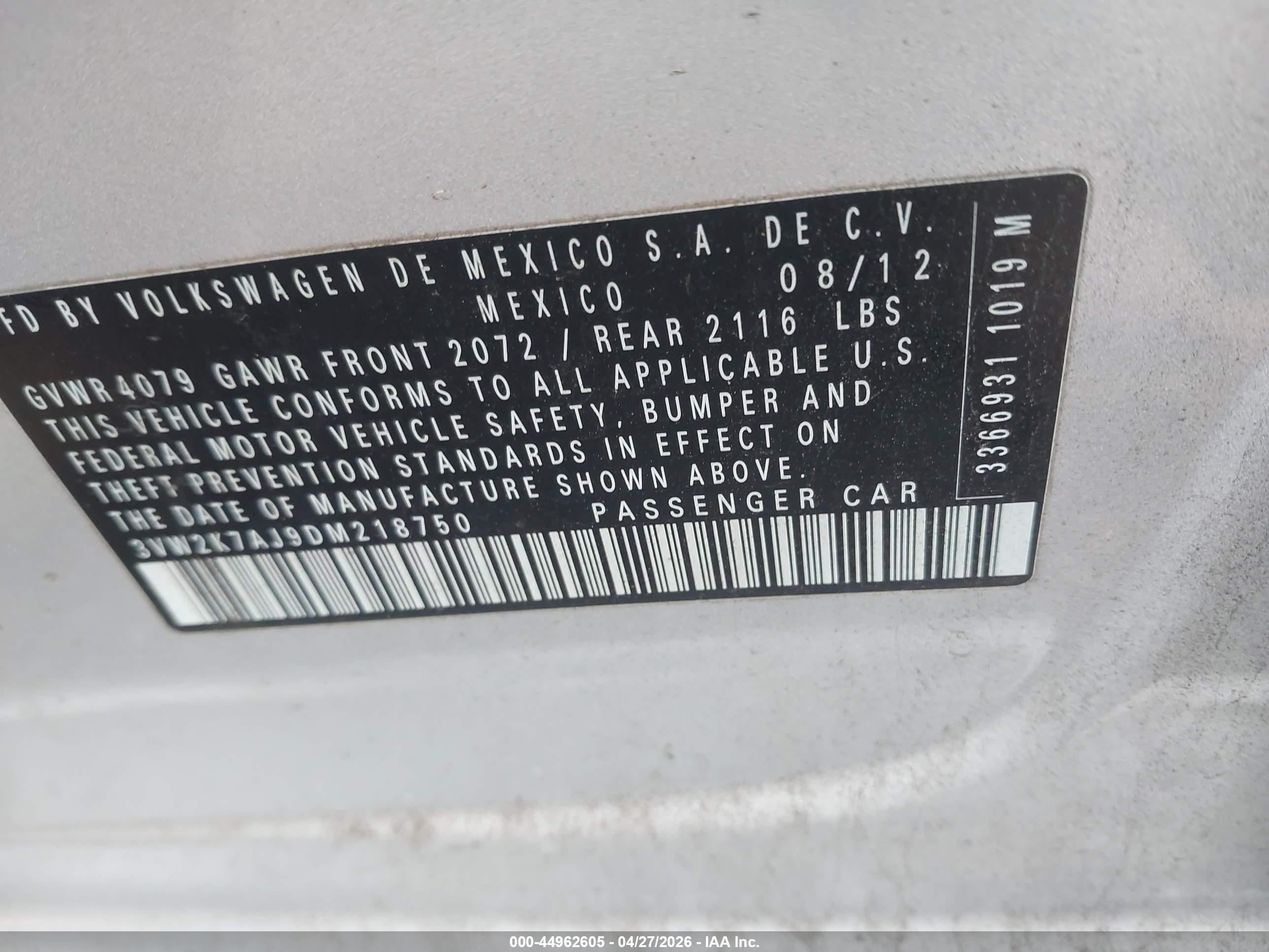 2013 Volkswagen Jetta 2.0l S Silver vin: 3VW2K7AJ9DM218750
